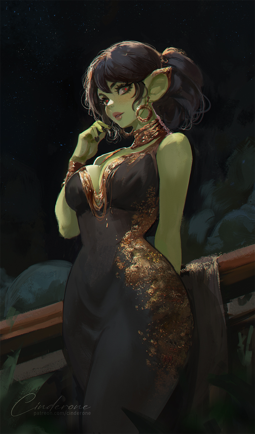 black hair, bracelet, breasts, cinderone, cleavage, clothed, clothing, ear piercing, female, goblin, goblin female, green body, green skin, hair, hi res, humanoid, jewelry, looking at viewer, mitzy (cinderone), night, night sky, nipple piercing, nipples, nude, piercing, ponytail, portrait, realistic, romantic ambiance, signature, sky, solo, solo female, standing, star, wide hips