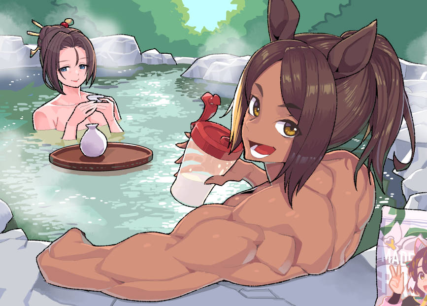 2girls, dark-skinned female, hot spring, michelle my baby (umamusume), muscular back, muscular female, tanned skin, umamusume, umamusume: cinderella gray