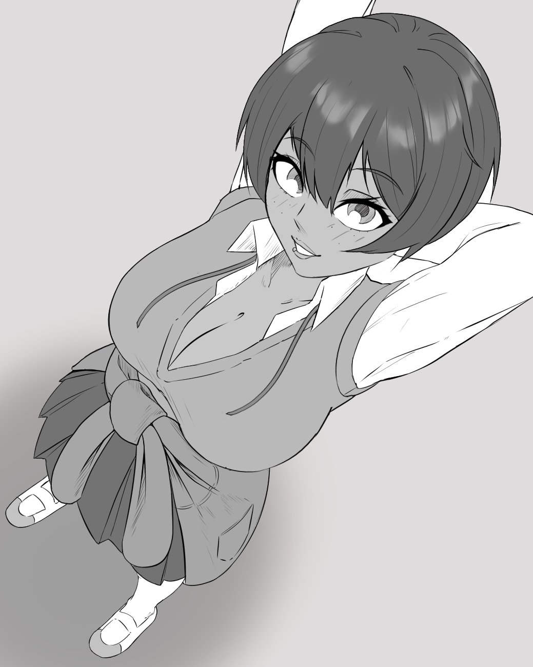 arms up, breasts, brown body, brown hair, doki doki literature club, female, female only, femc (doki doki literature club), jacket around waist, looking at viewer, lplatelets, mc (doki doki literature club!), neckline, school uniform, short hair, smile, smiling at viewer, standing, teasing, teasing viewer, tomboy, tomboy feminized, tomboyish