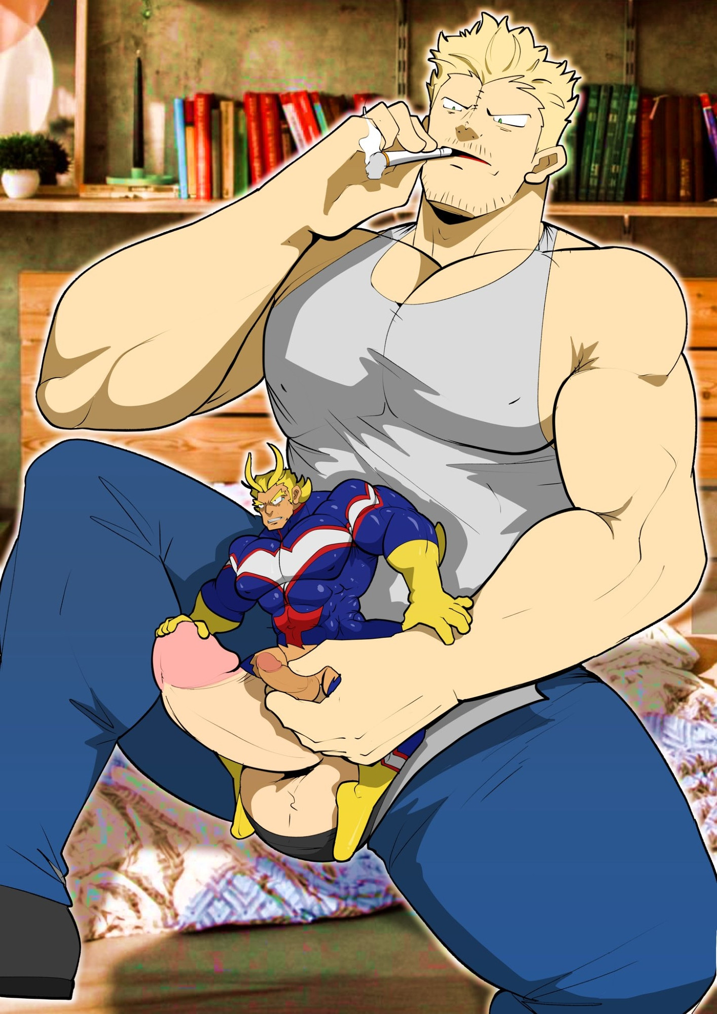 2boys, all might, bara, barazoku, big pecs, big penis, blonde hair, bodysuit, bubaigawara jin, erect penis, gay, gay sex, half naked, half-dressed, jin bubaigawara, macro on micro, male, male only, maxbishop, micro male, microphilia, muscles, muscular, muscular male, my hero academia, penis exposed, sitting on penis, size difference, smoking, smoking cigarette, superhero, tiny, tiny male, toshinori yagi, twice, yagi toshinori, yaoi