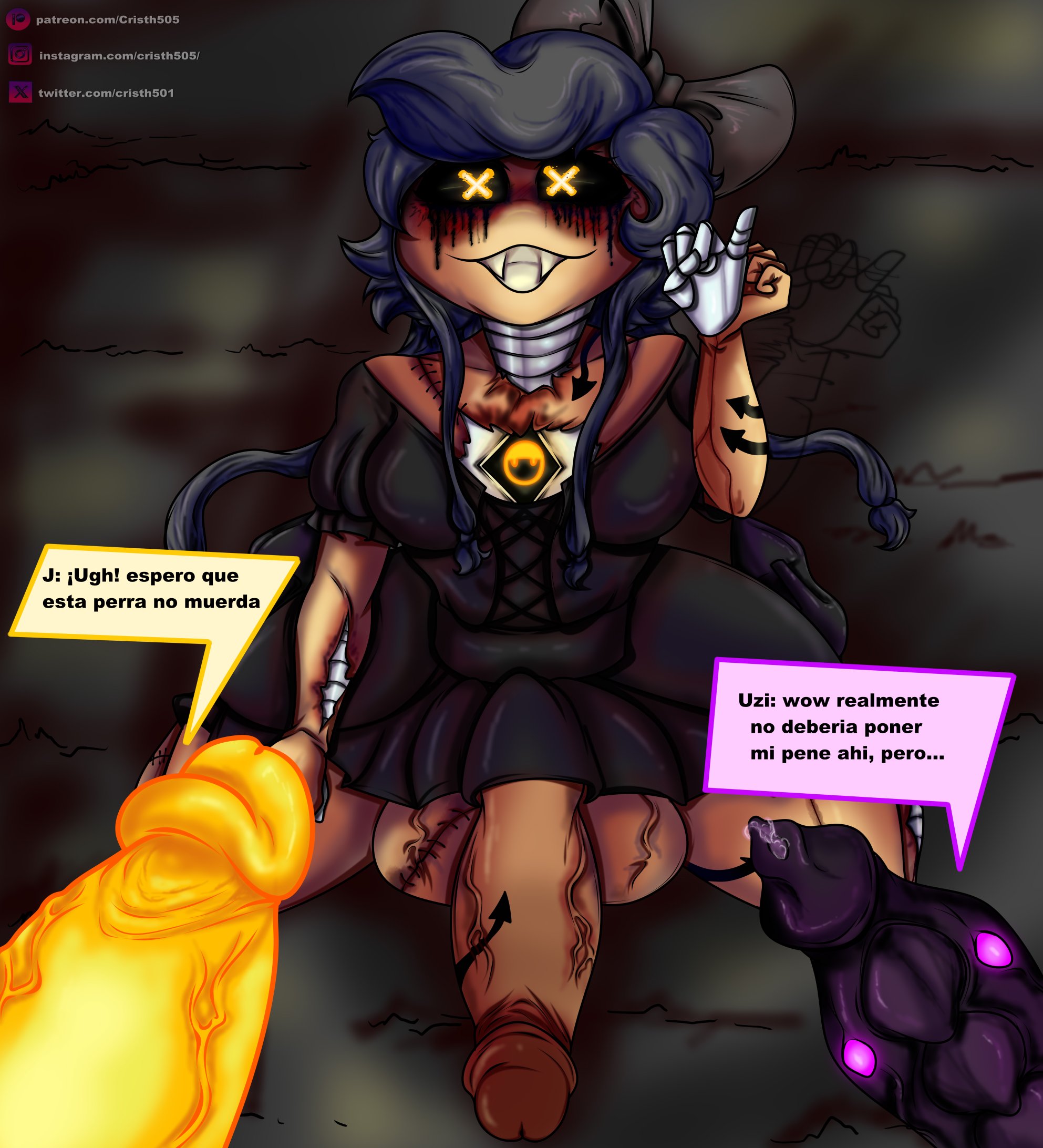:3, 2025, 2d, 2d (artwork), 2d artwork, 3futas, arrow tattoo, artist name, artist website, big penis, black dress, black sclera, blush, blush lines, blushing, bow, bow on head, cristh501, cyn (murder drones), cyntessa (murder drones), dark skin, dark-skinned futa, dress, fellatio gesture, futa on futa, futa only, futanari, futanari only, glitch productions, glowing eyes, hairbow, hand on leg, heels, high heels, imminent oral, j (murder drones), long hair, maid dress, movement lines, murder drones, nightmare waifu, penis, penis under clothes, precum, ribbon, robot, robot girl, robot humanoid, spanish text, strange penis, tattoo, tattoo on legs, tattoo on penis, tattoo on shoulder, tattooed arm, tattoos, text, text box, thighs, threesome, uzi (murder drones), veiny balls, veiny penis, veiny testicles, weird penis, wide hips, x-shaped pupils, yellow eyes