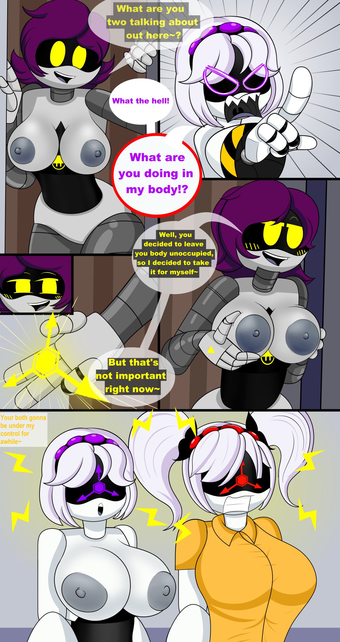 big breasts, big butt, breast grab, breasts, breasts out, comic, cyn (murder drones), doll (murder drones), female, female only, gigantic ass, gigantic breasts, hypnosis, j (murder drones), mind control, murder drones, possession, red eyes, restrained, reypan, tagme, uzi (murder drones), v (murder drones)