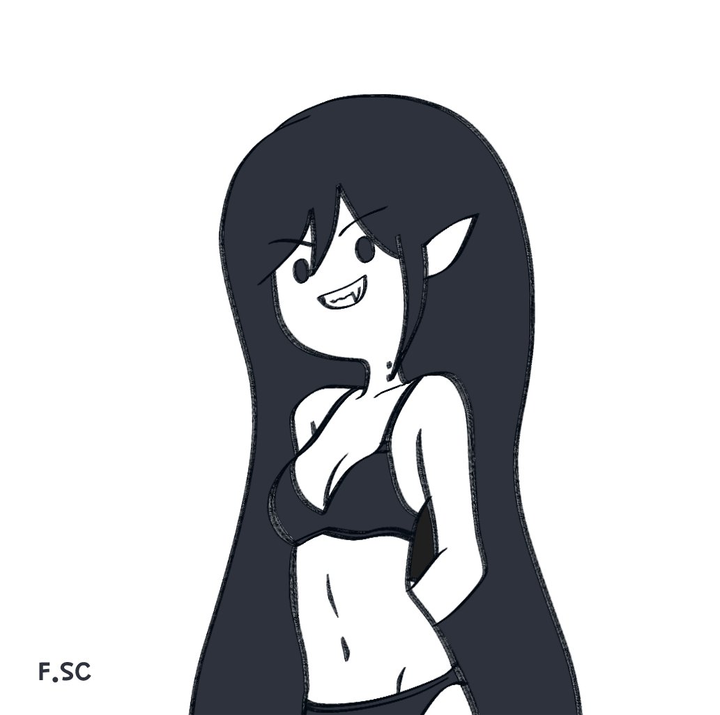 1girls, adventure time, arms behind back, bikini, bite mark, black bra, black hair, black panties, bra, breasts, female, fizzyspidercider, grey skin, lingerie, long black hair, long hair, marceline, panties, sharp teeth, small breasts, smile, solo, solo female, vampire, white skin
