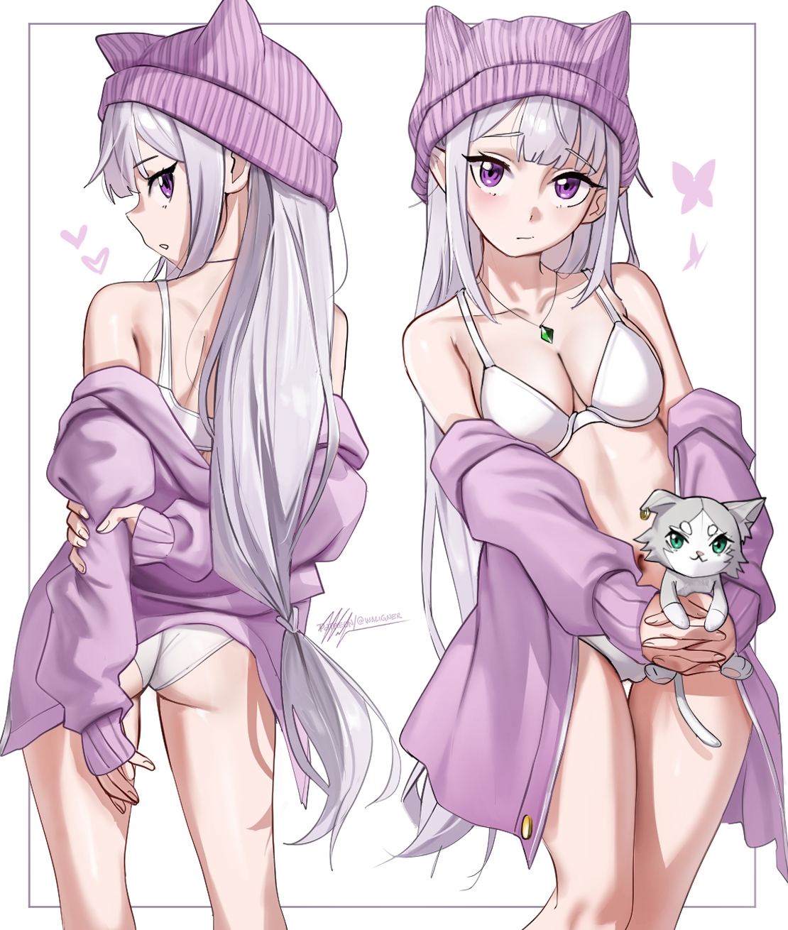 1girls, alternate costume, ass, back view, bra, cleavage, elf, elf ears, elf female, emilia (re:zero), half naked, jacket, looking at viewer, looking back, panties, puck (re:zero), purple eyes, re:zero kara hajimeru isekai seikatsu, silver hair, solo, standing, thighs, underwear, waligner, white background