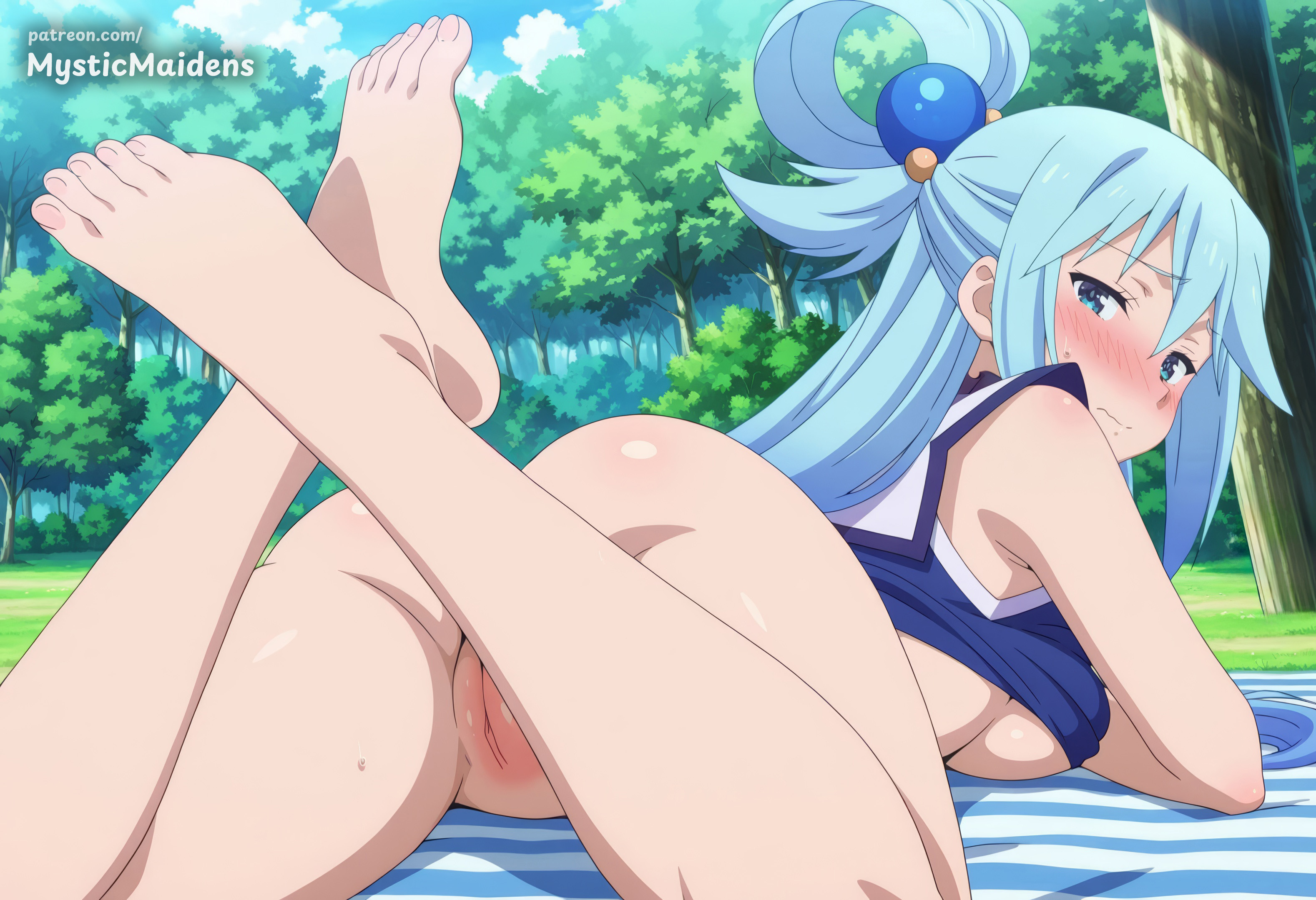 ai generated, anime, anime style, aqua (konosuba), artist name, ass, bare shoulders, barefoot, blue eyes, blue hair, blue shirt, blue sky, blush, bottomless, breasts, closed mouth, day, feet, feet up, female, hair between eyes, hair ornament, hair rings, hentai, hi res, kono subarashii sekai ni shukufuku wo!, konosuba, large breasts, legs, long hair, looking at viewer, looking back, lying, medium breasts, mystic maidens, on stomach, outdoors, patreon, patreon username, pussy, shirt, sky, sleeveless, sleeveless shirt, soles, solo, sweat, the pose, toenails, toes, tree, uncensored, underboob
