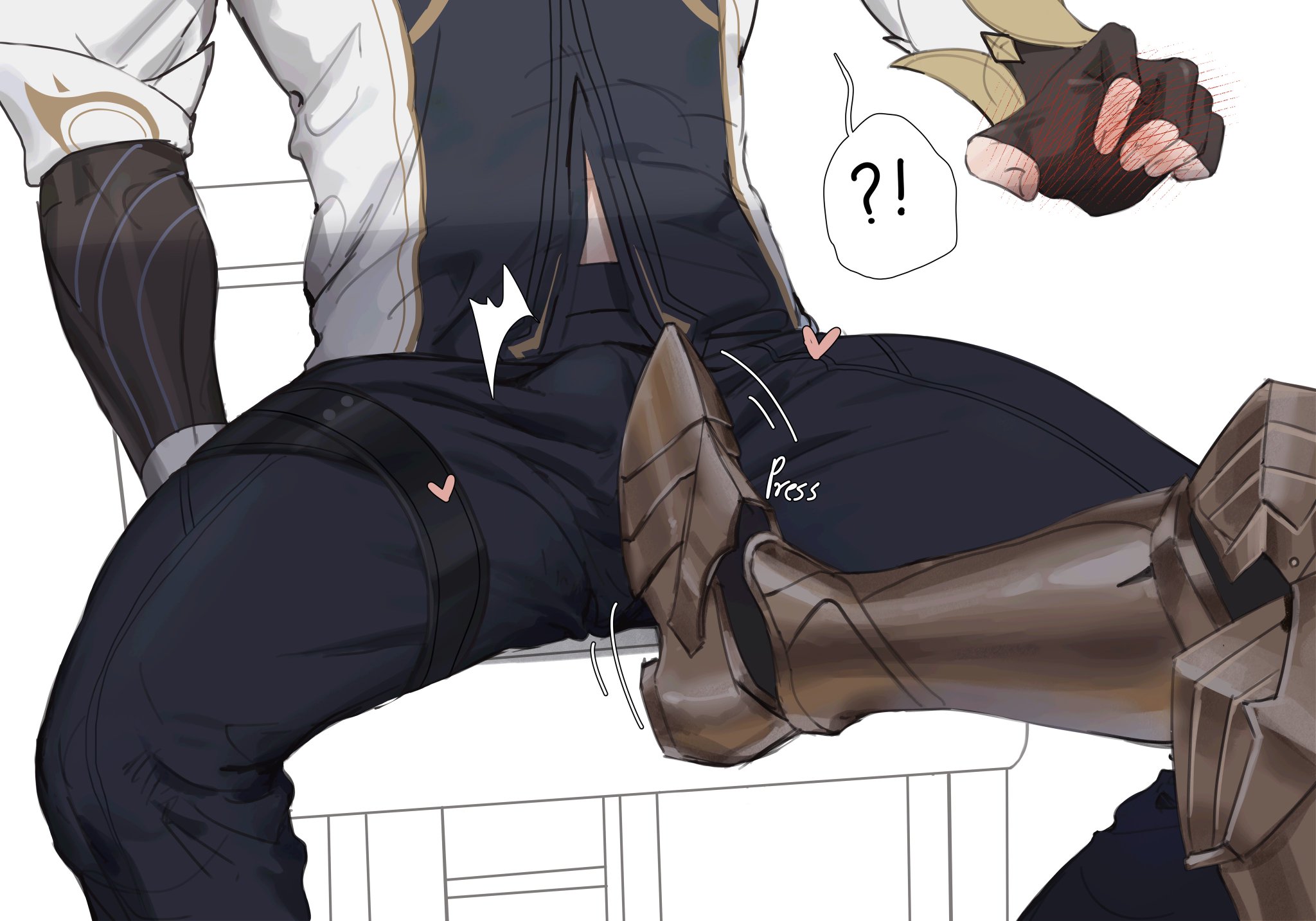 2boys, boot fetish, bootjob, boots, bulge, bulge through clothing, echoei3, gay, honkai: star rail, male, male focus, male only, mydei (honkai: star rail), phainon (honkai: star rail), shoejob, teasing, yaoi