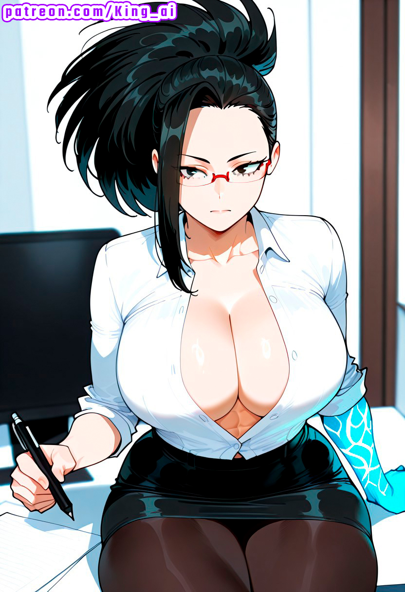 1female, 1girls, absurd res, ai assisted, ai generated, ass, big ass, big breasts, big butt, big thighs, black eyes, black hair, black skirt, boku no hero academia, breasts, buttoned shirt, creati, creaty, desk, dress shirt, female, glasses, high resolution, highres, holding pen, indoors, king ai, large ass, large breasts, large butt, looking at viewer, massive ass, massive breasts, massive butt, massive thighs, momo yaoyorozu, my hero academia, office, office lady, office wear, pen, pencil skirt, ponytail, serious, sitting, spiky hair, stable diffusion, thick ass, thick butt, thick legs, thick thighs, thighs, tight shirt, white shirt, yaoyorozu momo
