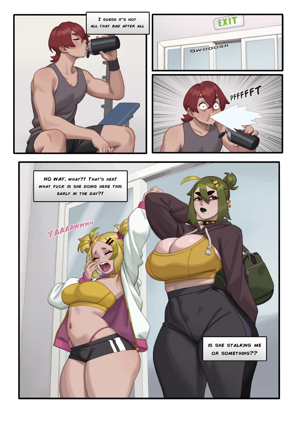 1boy, 2girls, ahoge, big breasts, comic, comic page, duffel bag, earrings, english text, green eyes, green hair, green lipstick, gym, huge breasts, large ass, midori (rizdraws), oc, original, piercings, red hair, rizdraws, saya (rizdraws), shortstack, spilling drink, sports bra, thick thighs, tomboy, twintails, white jacket, wide hips, yoga pants