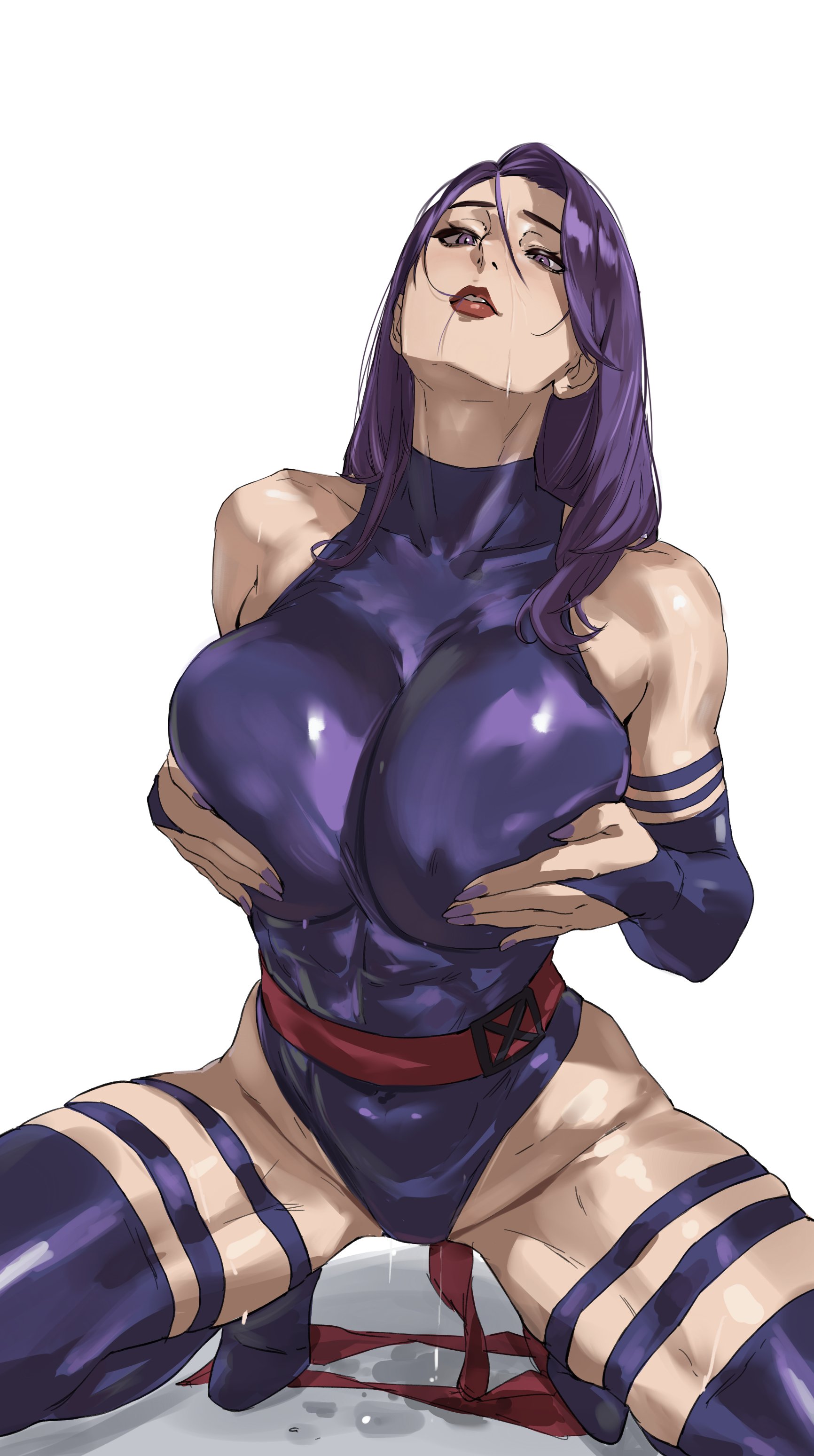 1girls, bare shoulders, big breasts, busty, curves, curvy, female, female only, huge breasts, large breasts, light skin, light-skinned female, marvel, marvel comics, mutant (marvel), psylocke, psylocke (kwannon), purple hair, pussy juice, pussy juice drip, revealing clothes, solo, taiyang yu, wet, wet pussy, x-men