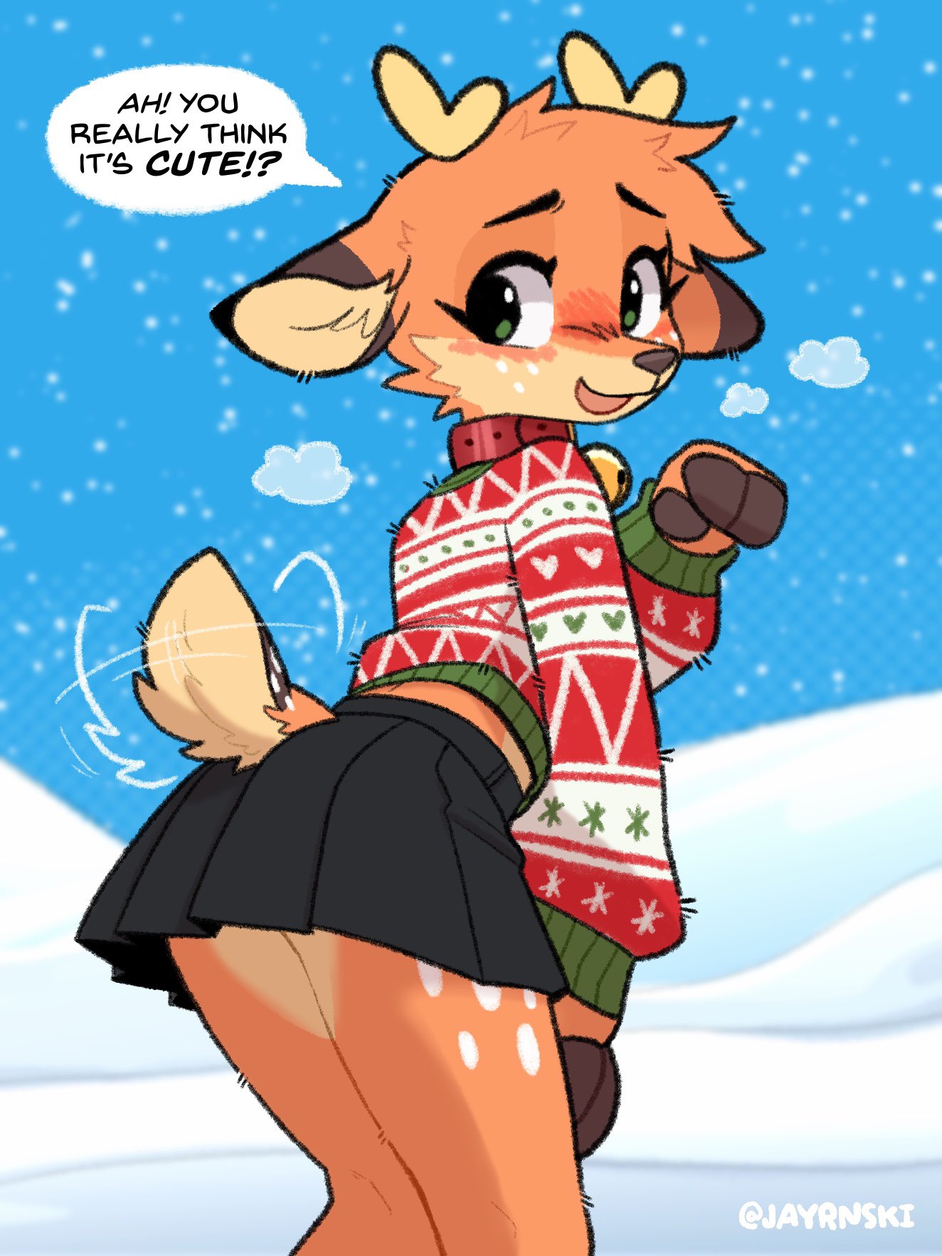 1girls, antlers, blush, christmas clothing, cute, deer, deer ears, deer girl, female, fully clothed, furry, furry female, jayrnski, looking back at viewer, maple (jayrnski), reindeer, skirt, snow, tail, tailwag