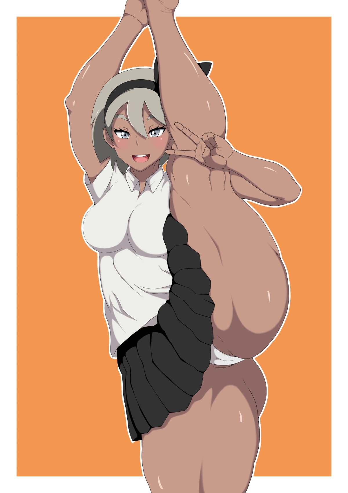 1girls, alternate breast size, alternate outfit, ass, barefoot, bea (pokemon), big breasts, blonde hair, blue eyes, blush, breasts, cameltoe, clothed, clothing, dark skin, eye contact, eyelashes, feet, female, female only, flexible, grey hair, hair ornament, hair ribbon, hairband, half-closed eyes, huge ass, human, human only, leg up, legs, legs up, looking at viewer, nintendo, open mouth, orange background, oryuto, panties, pokemon, pokemon ss, pose, pussy, shirt, short hair, skirt, smile, solo, splits, spread legs, standing, teeth, thick thighs, thighs, tongue, v, vertical splits, white border, wide hips