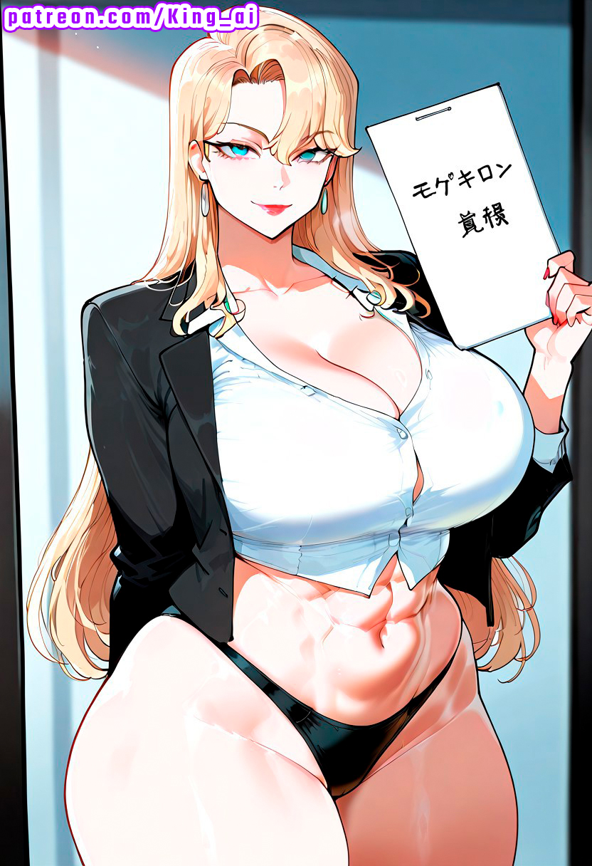 !!!, 1female, 1girls, abs, absurd res, ai assisted, ai generated, ass, big ass, big breasts, big butt, big thighs, black jacket, black panties, blazer, blonde hair, blue eyes, breasts, female, high leg, high resolution, highres, holding sign, huge breasts, indoors, japanese text, king ai, kurashiki reika, large ass, large breasts, large butt, long hair, looking at viewer, massive ass, massive breasts, massive butt, massive thighs, mature female, milf, mother, muscular female, navel, office lady, office wear, panties, reika kirishima, reika kurashiki, saimin seishidou, sign, smile, stable diffusion, standing, thick ass, thick butt, thick legs, thick thighs, thighs, thong, unbuttoned shirt, wavy hair, white shirt