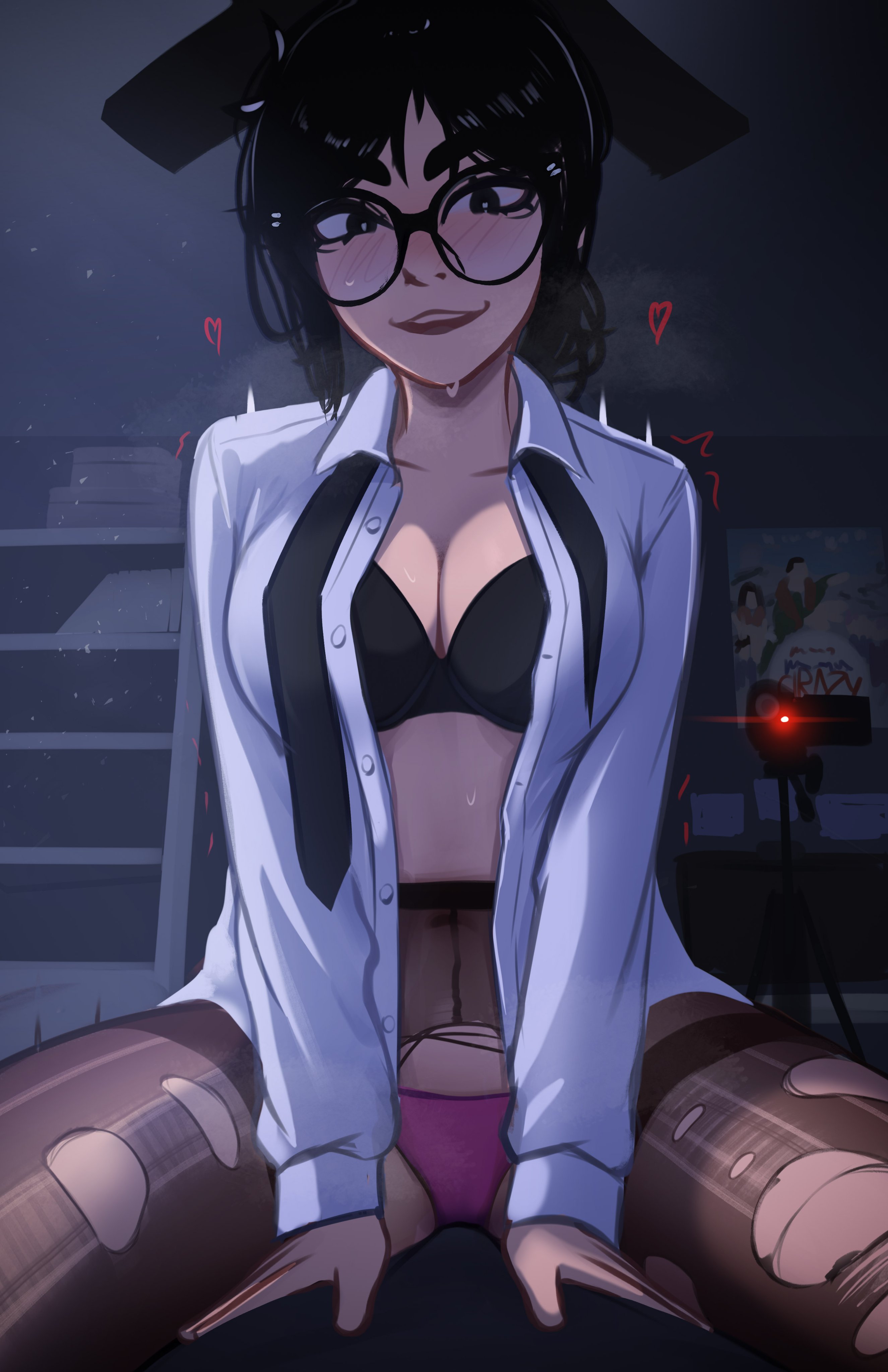 1girls, big breasts, black hair, bra, breasts, cleavage, female, female only, glasses, heart, hi res, large breasts, looking at viewer, original, panties, pink panties, rosen (veyonis), solo, solo female, veyonis