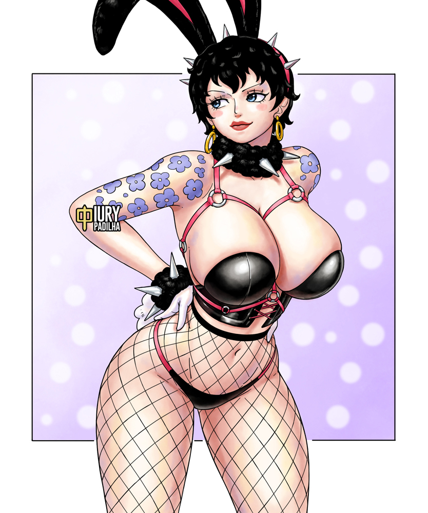 1girls, ass, big ass, big breasts, black hair, black-haired female, breasts, bunny ears, bunnysuit, busty, cleavage, clothing, curvy, doll (one piece), female, female only, fishnets, goth girl, iury padilha, lipstick, looking at viewer, looking back, makeup, on stomach, one piece, pose, revealing clothes, seductive, seductive look, short hair, skimpy clothes, solo, spiked collar