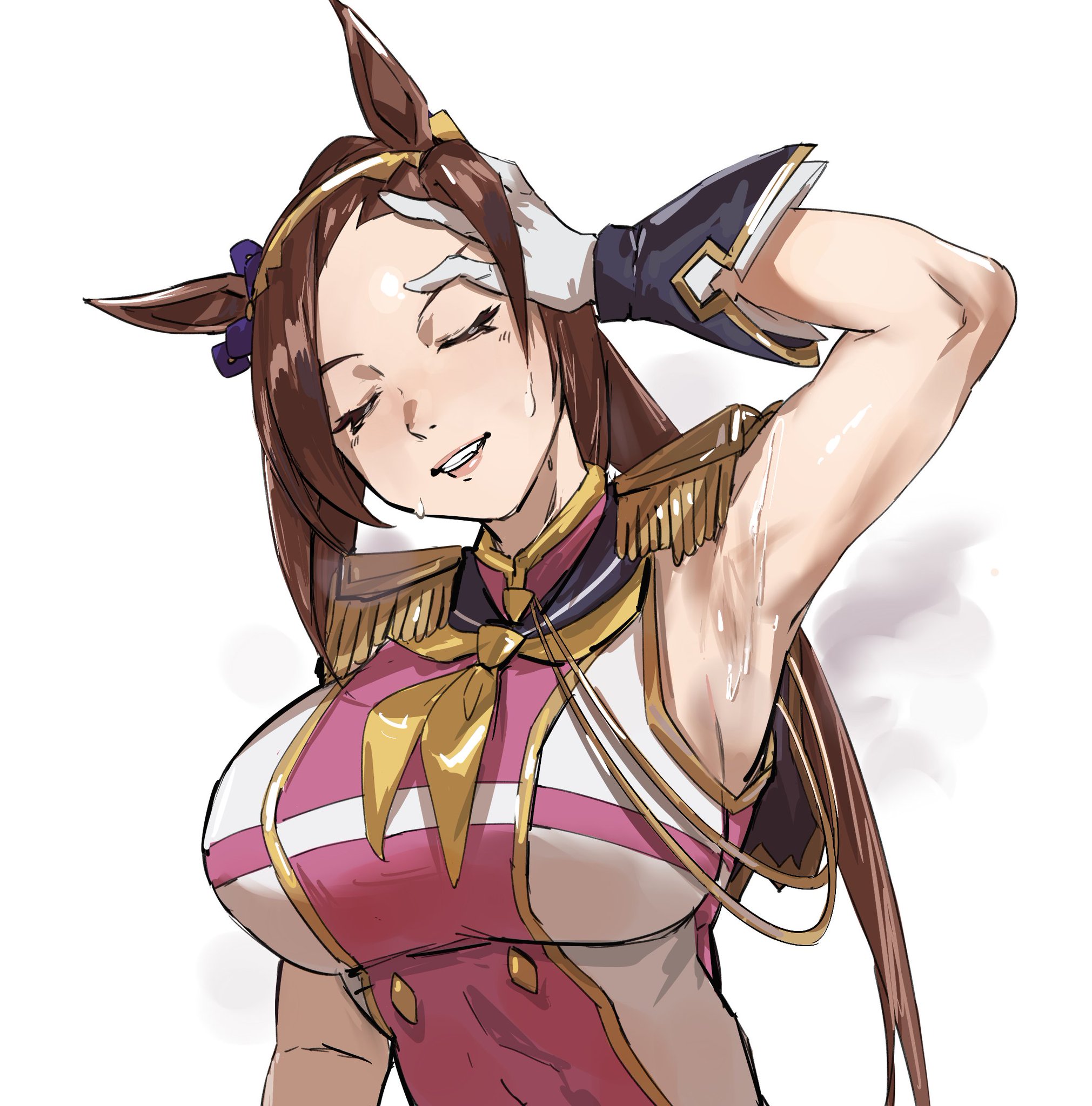 1girls, arm up, armpit, armpit fetish, armpits, arms up, bakushin o armpit gif (meme), big breasts, brown hair, closed eyes, clothed, confident, digital media (artwork), female, female only, hand on head, kemonomimi, sakura bakushin o (umamusume), solo, solo female, solo focus, steam, steaming body, sweat, sweatdrop, sweaty armpits, taiyang yu, umamusume, umamusume pretty derby