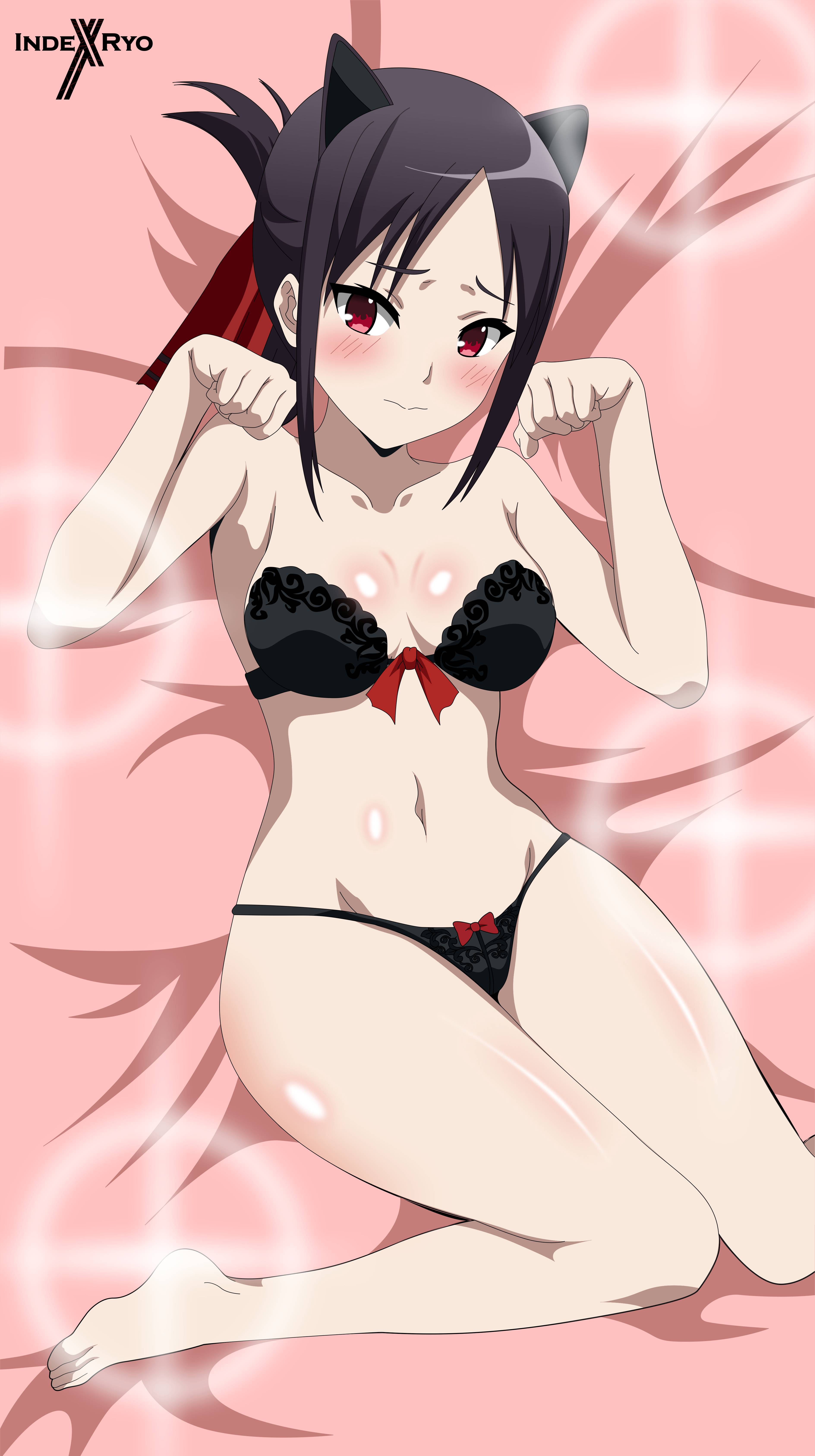 1girls, 2d, 2d (artwork), 2d artwork, almost naked, almost nude, bare belly, bare calves, bare chest, bare hands, bare hips, bare knees, bare legs, bare midriff, bare navel, bare shoulders, bare thighs, barefoot, belly, belly button, black bra, black hair, black panties, black underwear, black-haired female, blush, blush face, blushing at viewer, blushing female, blushing lines, bra, breasts, cat pose, collarbone, curvaceous, curvaceous body, curvaceous female, curvaceous figure, curvaceous hips, curvaceous teen, curvaceous thighs, curvy, curvy body, curvy female, curvy figure, curvy hips, curvy teen, curvy thighs, digital, digital art, digital drawing, digital drawing (artwork), digital media, digital media (artwork), elbows, embarrassed, embarrassed exposed female, embarrassed expression, embarrassed female, embarrassed nude female, exposed arms, exposed belly, exposed chest, exposed hips, exposed legs, exposed midriff, exposed navel, exposed shoulders, exposed skin, exposed thighs, exposed toes, female, female focus, female only, fingers, flustered, flustered female, frilled bra, frilled underwear, groin, hair ribbon, hair tie, high resolution, high school student, highres, hourglass figure, indexryo, kaguya-sama wa kokurasetai ~tensai-tachi no renai zunousen~, knees, knees together, knees together feet apart, lean figure, legs closed, legs together, legs together feet apart, long hair, looking at viewer, lying, lying down, lying on back, lying on bed, midriff, mostly nude, naked, naked female, naked woman, narrow waist, navel, nearly nude, nervous, nervous expression, nervous face, nervous female, nude, nude female, nudity, on back, on bed, panties, parted bangs, paw pose, pink background, practically nude, red eyes, red hair ribbon, red hair tie, red ribbon, red-eyed female, ribbon, ribbon bra, ribbon panties, school girl, shinomiya kaguya, shiny breasts, shiny legs, shiny skin, shiny thighs, shoulders, shy, shy expression, shy female, shy girl, simple background, slender body, slender waist, slim waist, small breasts, solo, teen girl, teenage girl, teenager, thick thighs, thighs, thighs together, toes, underwear, underwear only, wide hips, young female, young woman