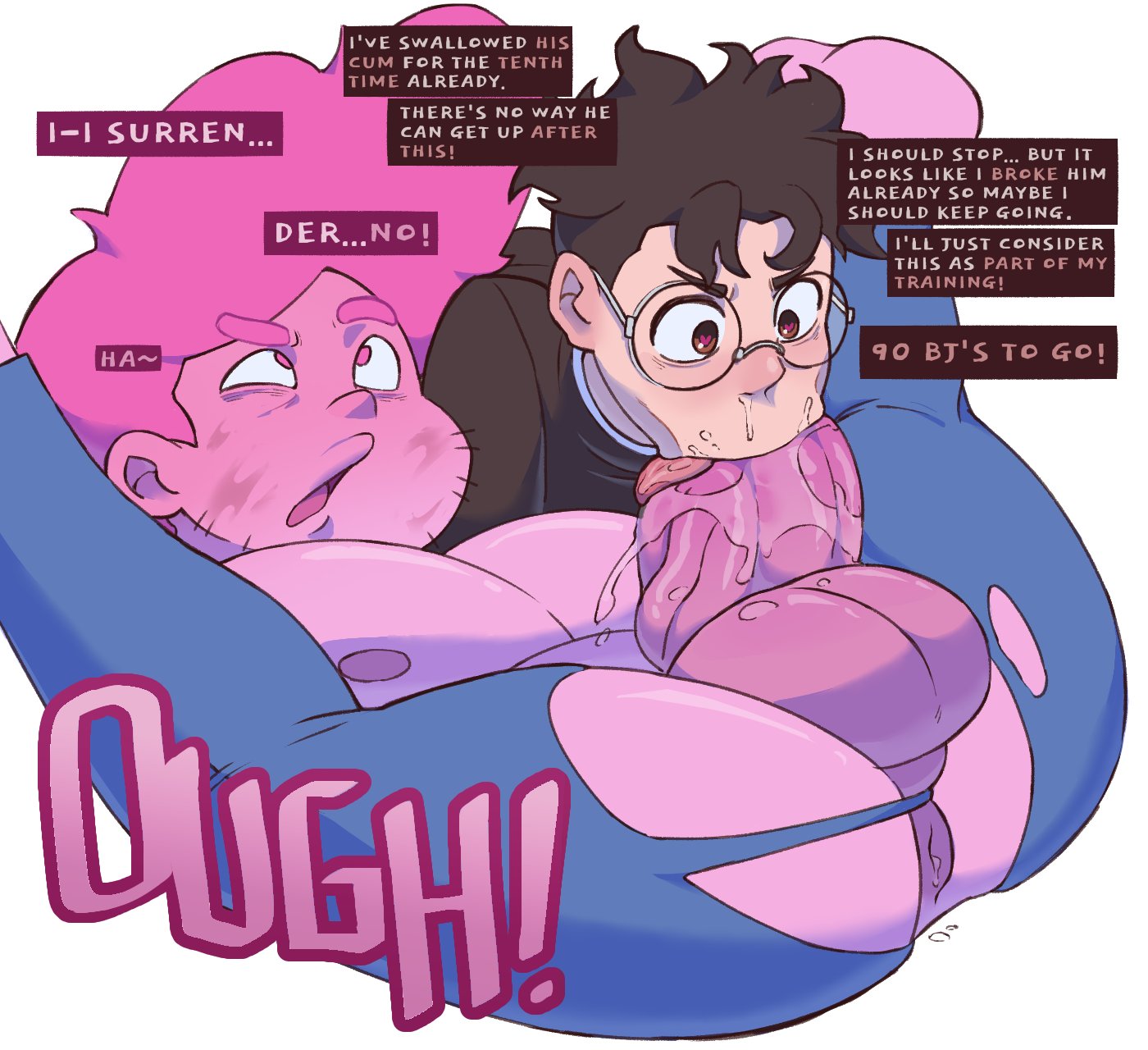 :>=, 2boys, blowjob, chad steven, dandadan, gay, gay blowjob, glasses, male/male, muscular, muscular male, pink body, pink hair, pink steven, solidjooze, steven quartz universe, steven universe, steven universe future, takakura ken (okarun), white background, yaoi