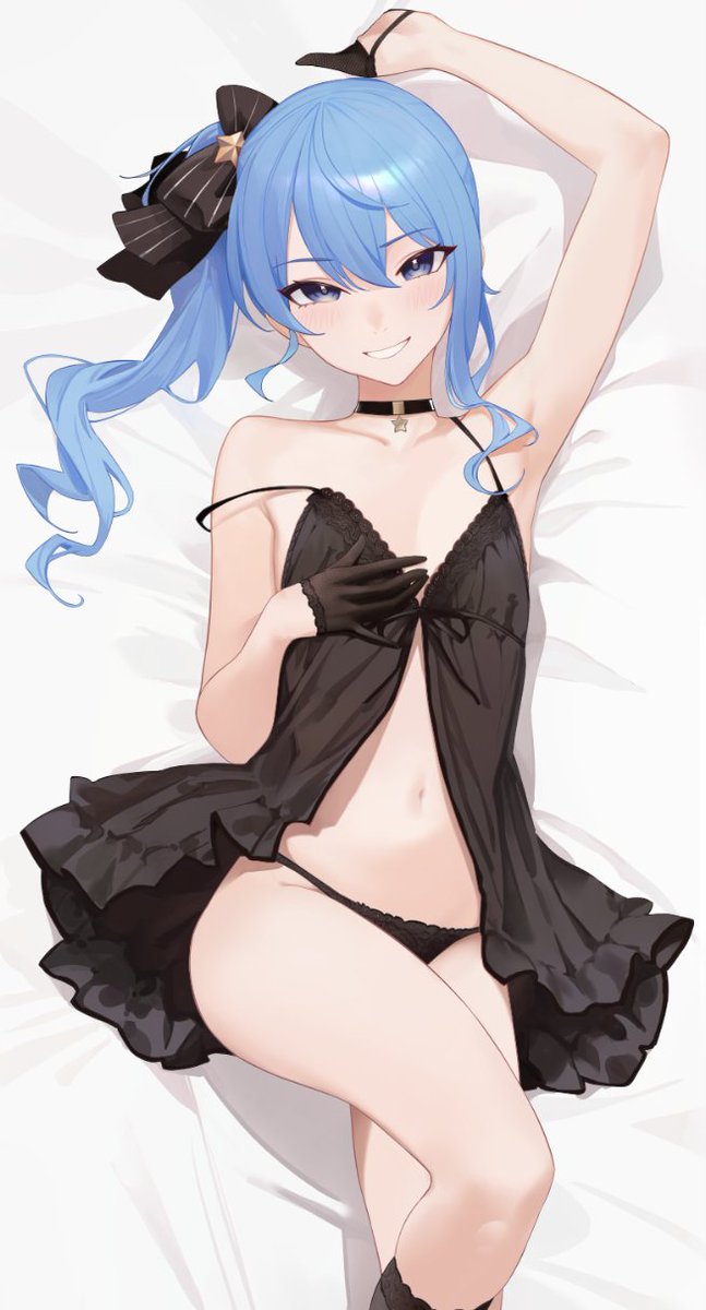 1girls, bed, blue eyes, blue hair, breasts, dress, gloves, hololive, hololive japan, hoshimachi suisei, looking at viewer, lying, panties, ribbon, serelith, small breasts, smile, solo, thighs, underwear, virtual youtuber