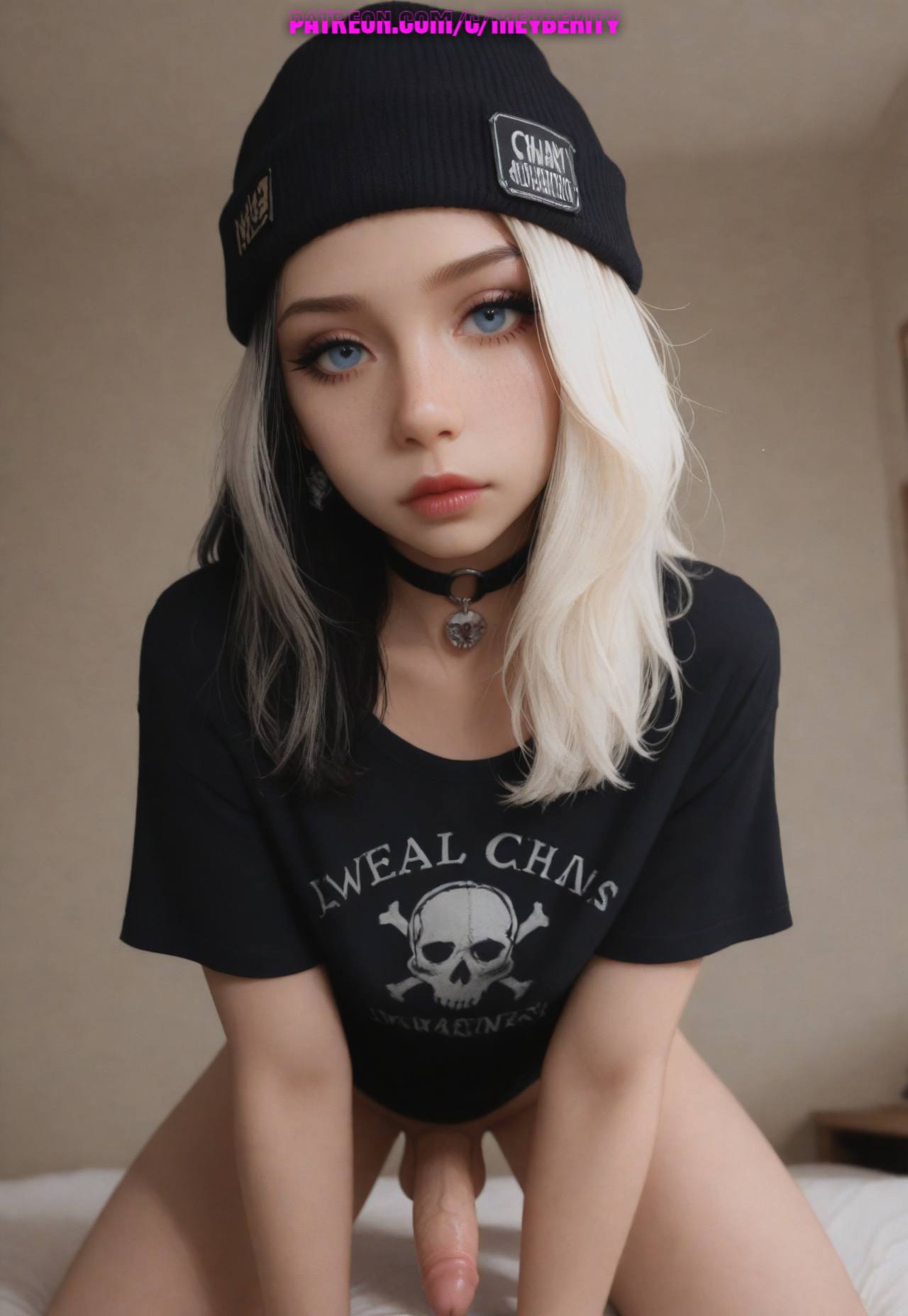 1boy, ai generated, balls, femboy, looking at viewer, meybekity, otoko no ko, penis, solo, trap, yaoi