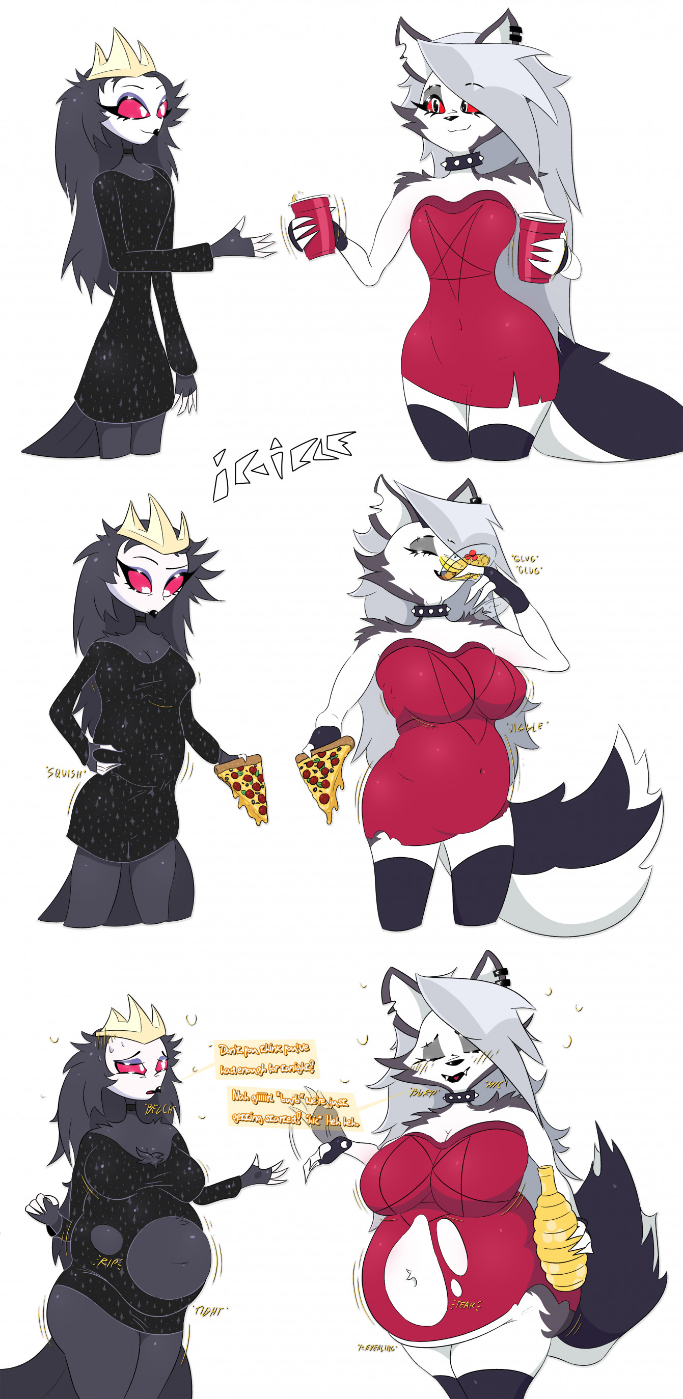 belly expansion, bloated belly, chubby, drinking, drunk, eating, female, hellaverse, helluva boss, ic-icle, loona (helluva boss), multiple girls, octavia (helluva boss), ripping clothing, stuffed belly