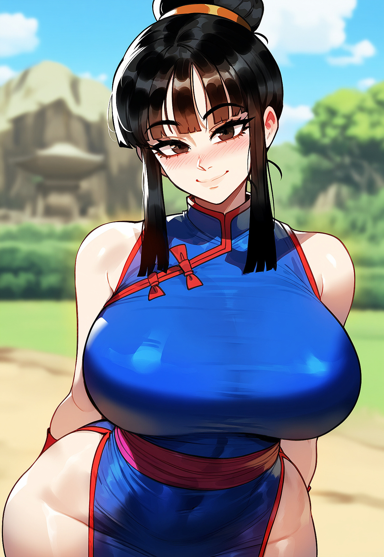 1girls, ai generated, big breasts, breasts, busty, chichi, chichi (beginning of z), child bearing hips, clothed, clothing, dragon ball, dragon ball z, female, female focus, female only, hairbun, hands behind back, hips, huge breasts, large breasts, mature, mature female, milf, sidelocks, solo, thick thighs