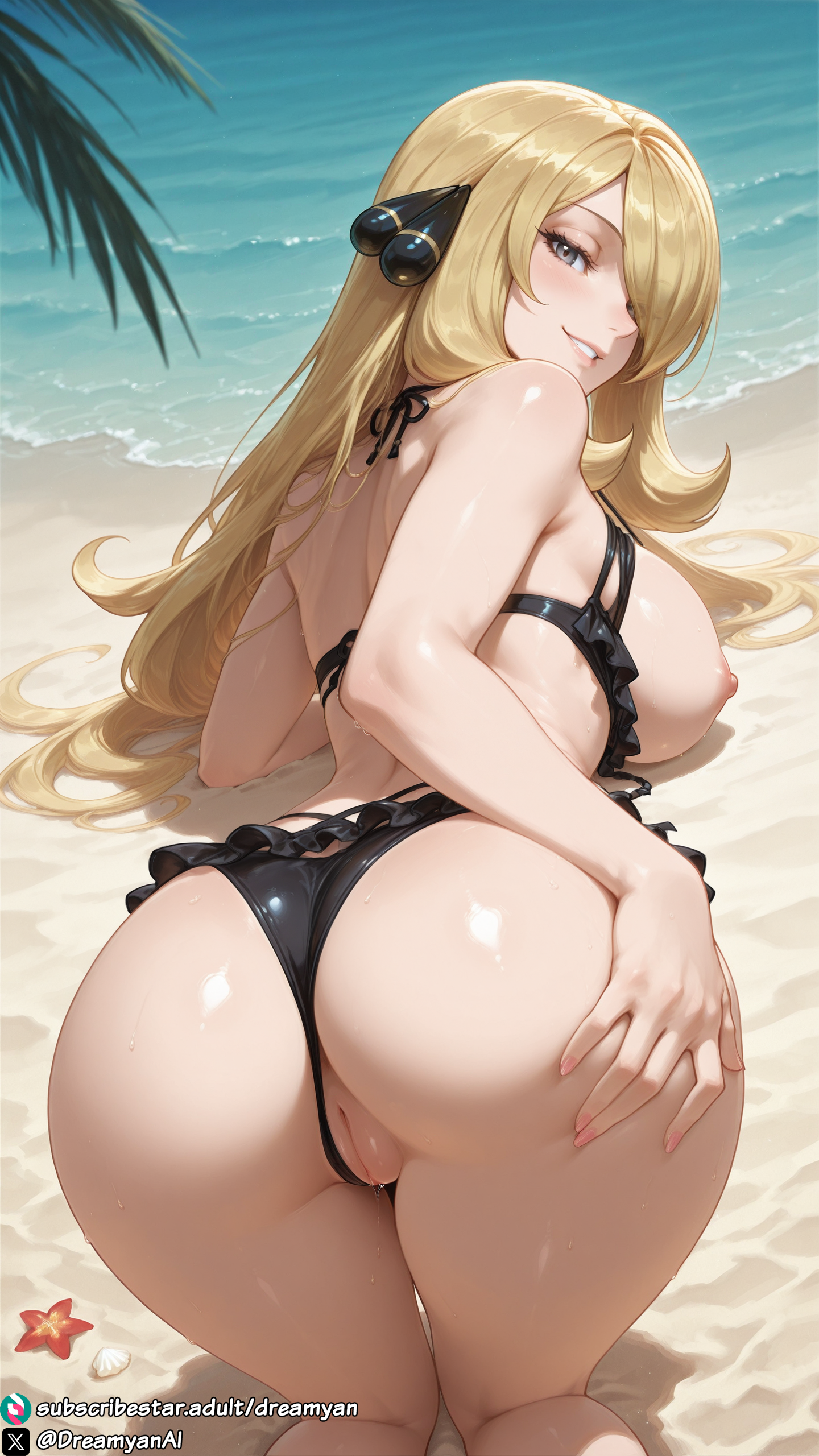1girls, ai generated, all fours, ass, beach, big breasts, bikini, bikini aside, bikini bottom, bikini top, blonde female, blonde hair, breasts, breasts out, curvy, curvy body, curvy female, cynthia (pokemon), dreamyan ai, female, female focus, female only, from behind, hair over one eye, hi res, high quality, high resolution, highres, long hair, looking at viewer, looking back, nipples, pokemon, pussy, pussy juice, seductive, seductive eyes, seductive look, seductive pose, seductive smile, smile, smiling, solo, solo female, solo focus, thick ass, thick thighs, thighs, uncensored
