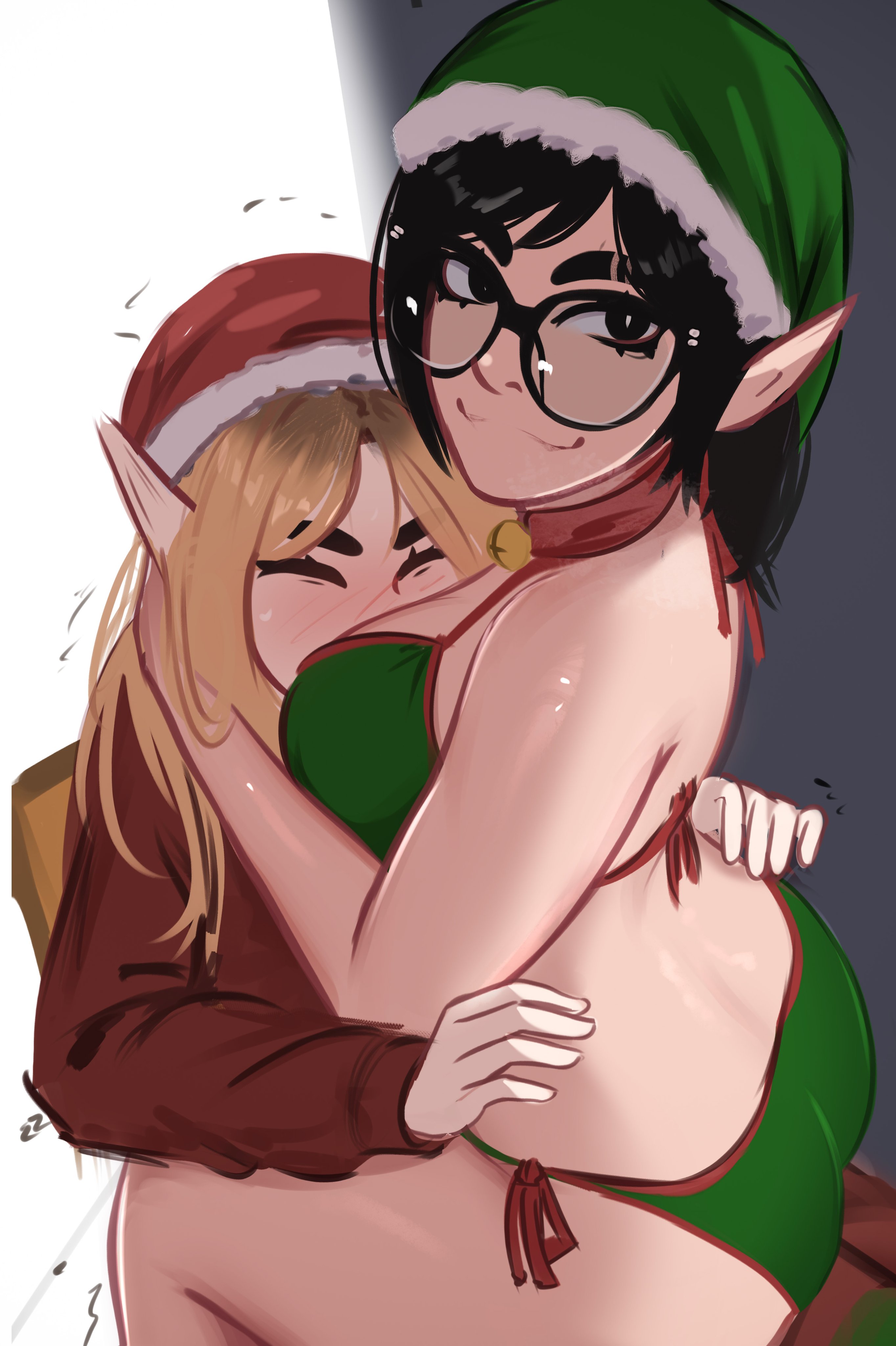 :3, absurd res, ass, big ass, big breasts, black hair, blonde hair, breasts, christmas, closed eyes, elf ears, face between breasts, glasses, holidays, jessie (veyonis), large ass, large breasts, looking at viewer, original, pointy ears, rosen (veyonis), thick thighs, veyonis, wide hips, yuri