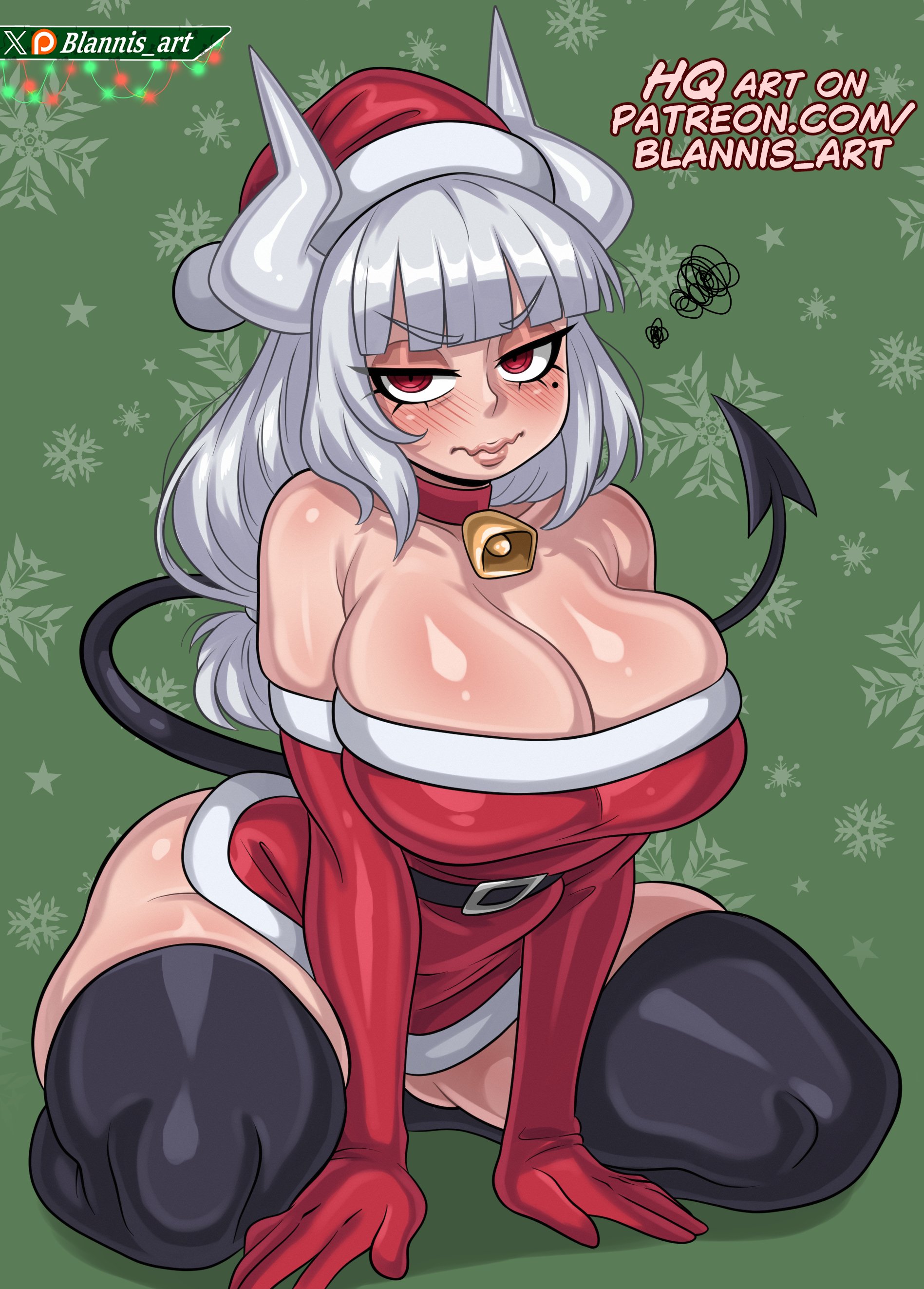 1girls, 2d, 2d (artwork), 2d artwork, armwear, artist name, bell, belt, big breasts, black eyelashes, black legwear, black pupils, black tail, blannis art, blush, blush lines, breast, breasts, christmas, christmas clothing, christmas headwear, christmas outfit, clothed, clothing, demon, demon girl, demon horns, embarrassed, embarrassed female, eyebrows, eyelashes, female, female only, gloves, hands on floor, helltaker, holidays, horns, kneeling, legwear, light skin, light-skinned female, lips, long gloves, long hair, lucifer (helltaker), mole, mole under eye, patreon username, queen, red armwear, red eyes, red gloves, red long gloves, tail, twitter username, white hair, white sclera, wide hips