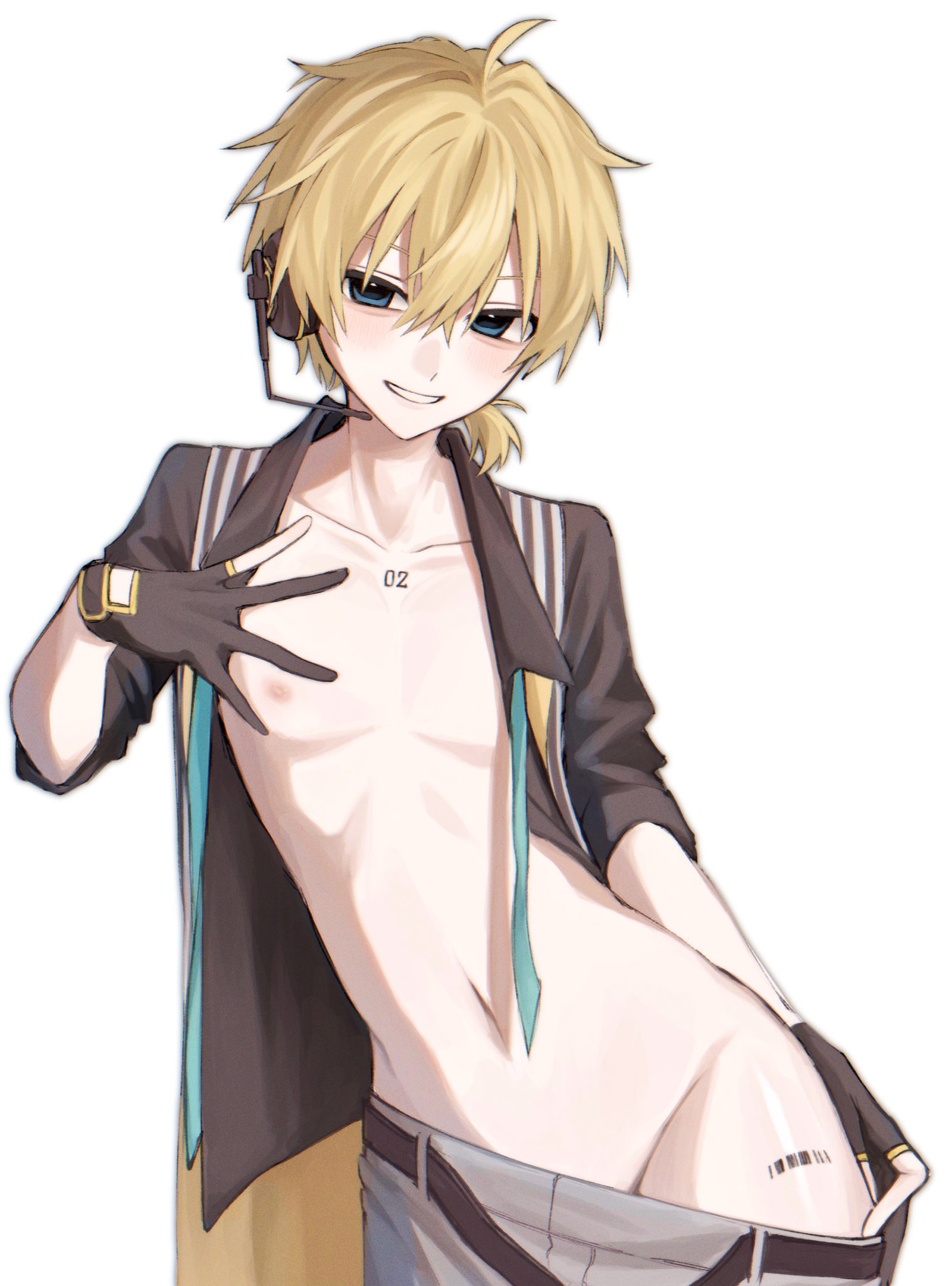 1boy, blonde hair, blue eyes, femboy, gloves, hips, idol, kagamine len, male, male solo, open shirt, pectorals, semi nude, sexy body, sexy pose, tie, vocaloid
