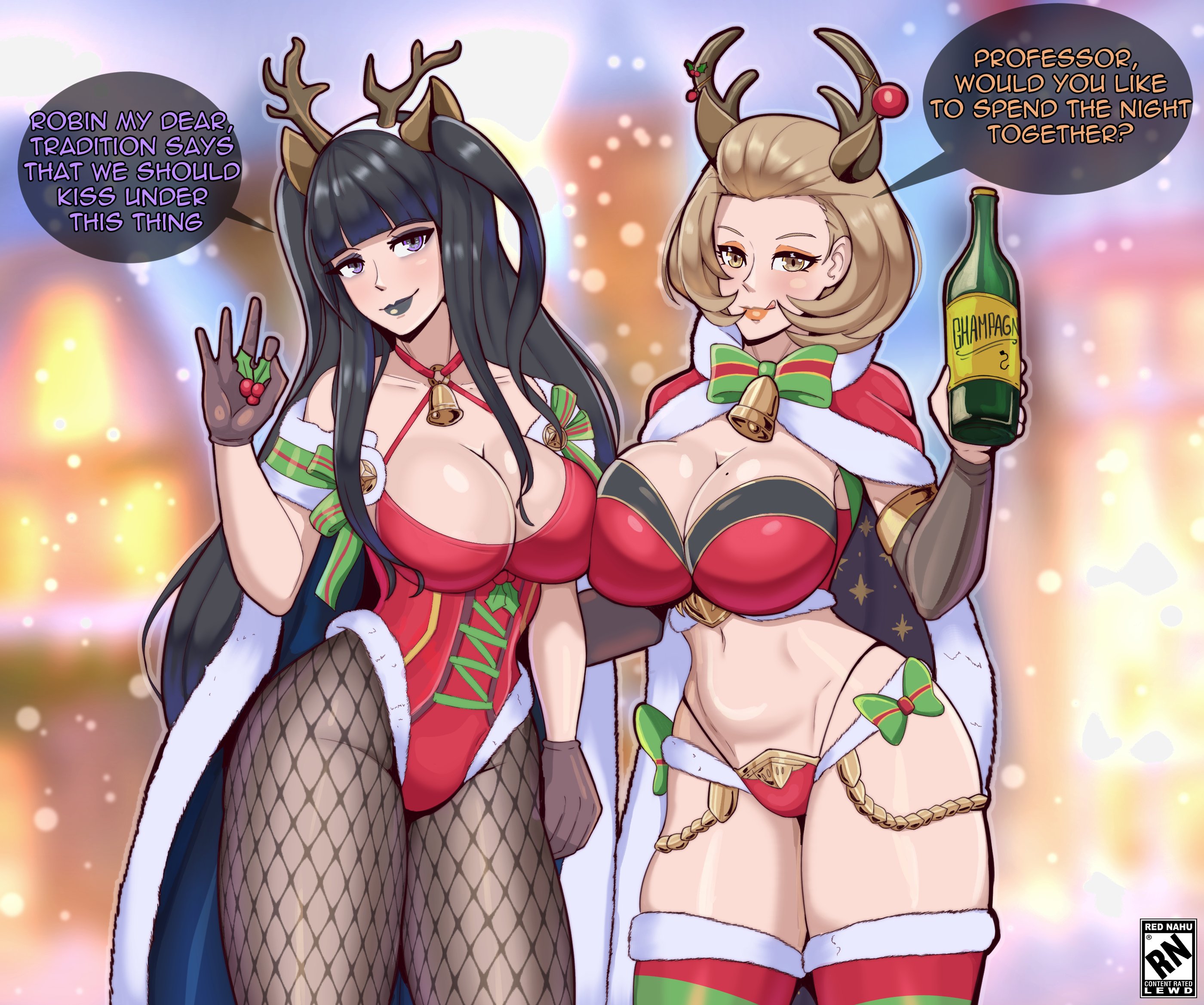 2girls, antlers, bell, big breasts, black eyeshadow, black hair, black lips, black lipstick, bottle, breasts, brown eyes, brown hair, cape, christmas, christmas clothing, christmas headwear, christmas outfit, cleavage, costume switch, english, english text, eyeshadow, fake animal ears, fake antlers, female, female only, fire emblem, fire emblem awakening, fire emblem: three houses, fishnet, fishnet legwear, fishnets, gloves, hair, handwear, hips, holding bottle, holding object, holly (plant), legwear, lips, lipstick, long hair, manuela casagranda, manuela casagranda (winter), mature, mature female, mature woman, milf, mole, mole on breast, nahusmash, neckwear, orange eyeshadow, orange lips, orange lipstick, purple eyes, revealing clothes, short hair, speech bubble, text, tharja (fire emblem), tongue, tongue out