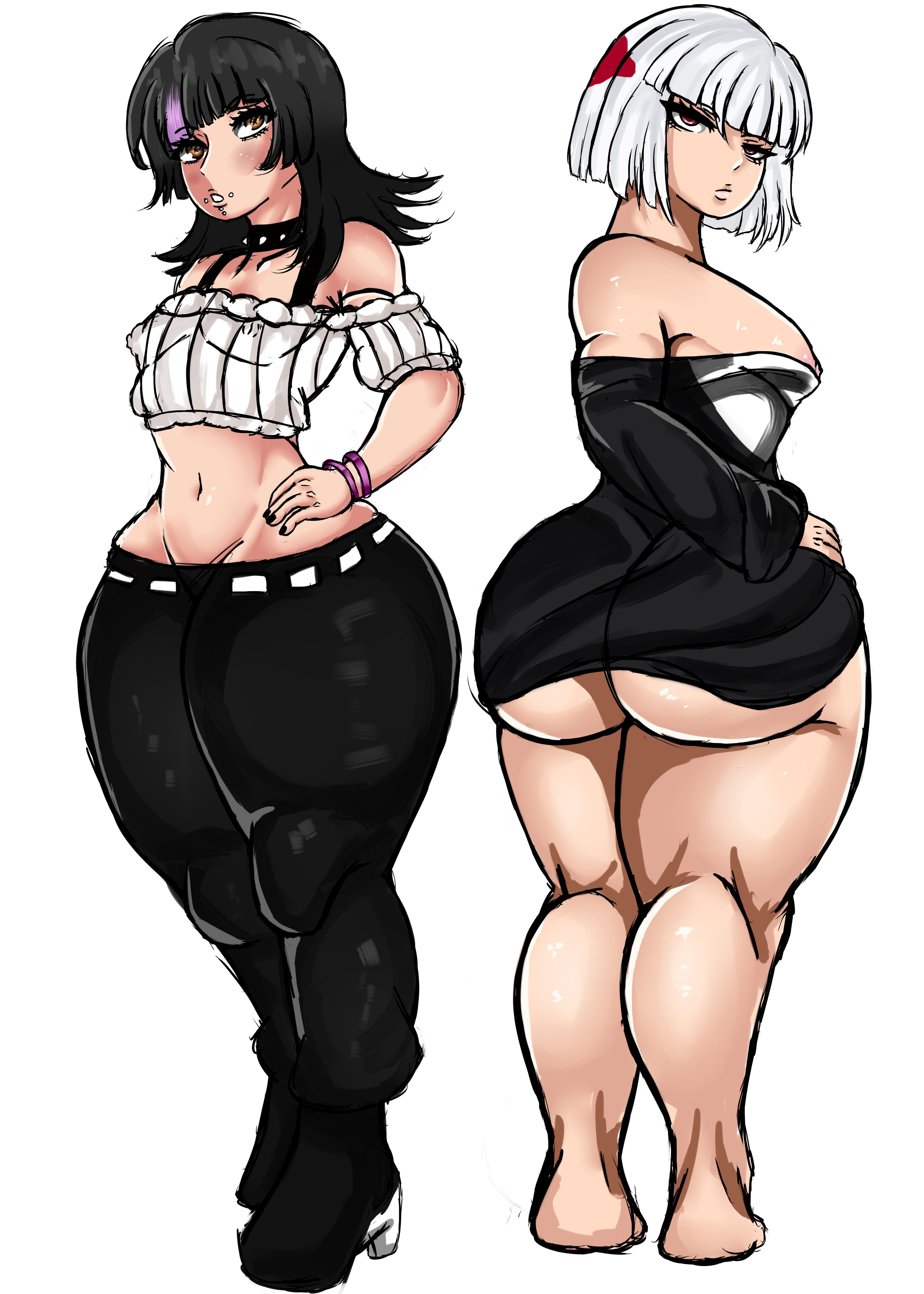 2girls, ass, back view, balls, big ass, black hair, female, female focus, female only, gigantic ass, girly, hoshi kirara, huge ass, human, jujutsu kaisen, kuro.yk, light-skinned female, twink, uraume, white hair, yamikuror