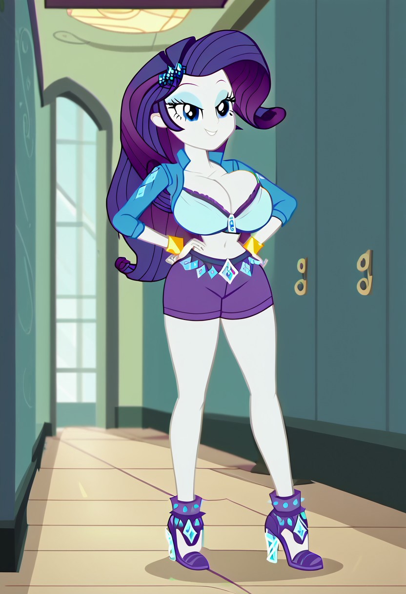 1girls, 2025, accurate art style, ai generated, big breasts, blue clothing, blue jacket, boots, bra, breasts, cartoon, clothed, clothed female, clothing, deviantart link, equestria girls, female, female focus, female only, friendship is magic, hands on hips, hasbro, high heel boots, high heels, hips, human, human female, humanized, humanized pony, indoors, large breasts, long hair, minishorts, mjpowerranger, my little pony, pale skin, pale-skinned female, purple bottomwear, purple clothing, purple hair, purple shorts, rarity (eg), rarity (mlp), smile, smiling, solo, solo female, solo focus, standing, thighs, voluptuous, voluptuous female, white body, white skin