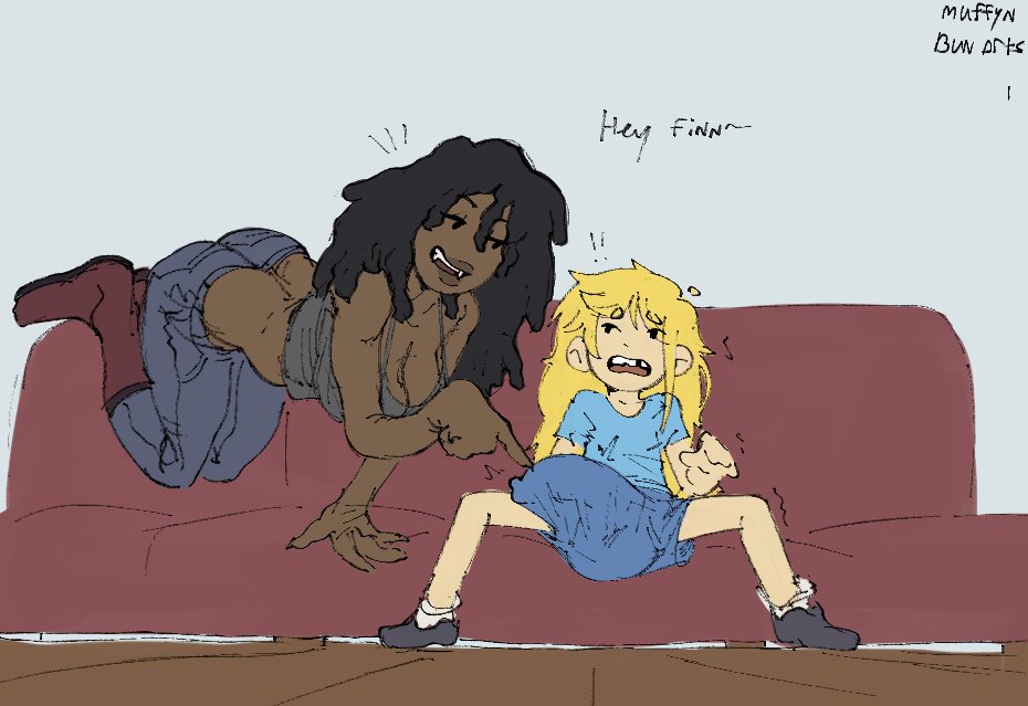 1boy, 1girls, adventure time, big penis, black hair, blonde hair, comic panel, dark-skinned female, finn the human, marceline, marceline abadeer, muffynbunarts, older female and younger male, penis under clothes, teasing, white body