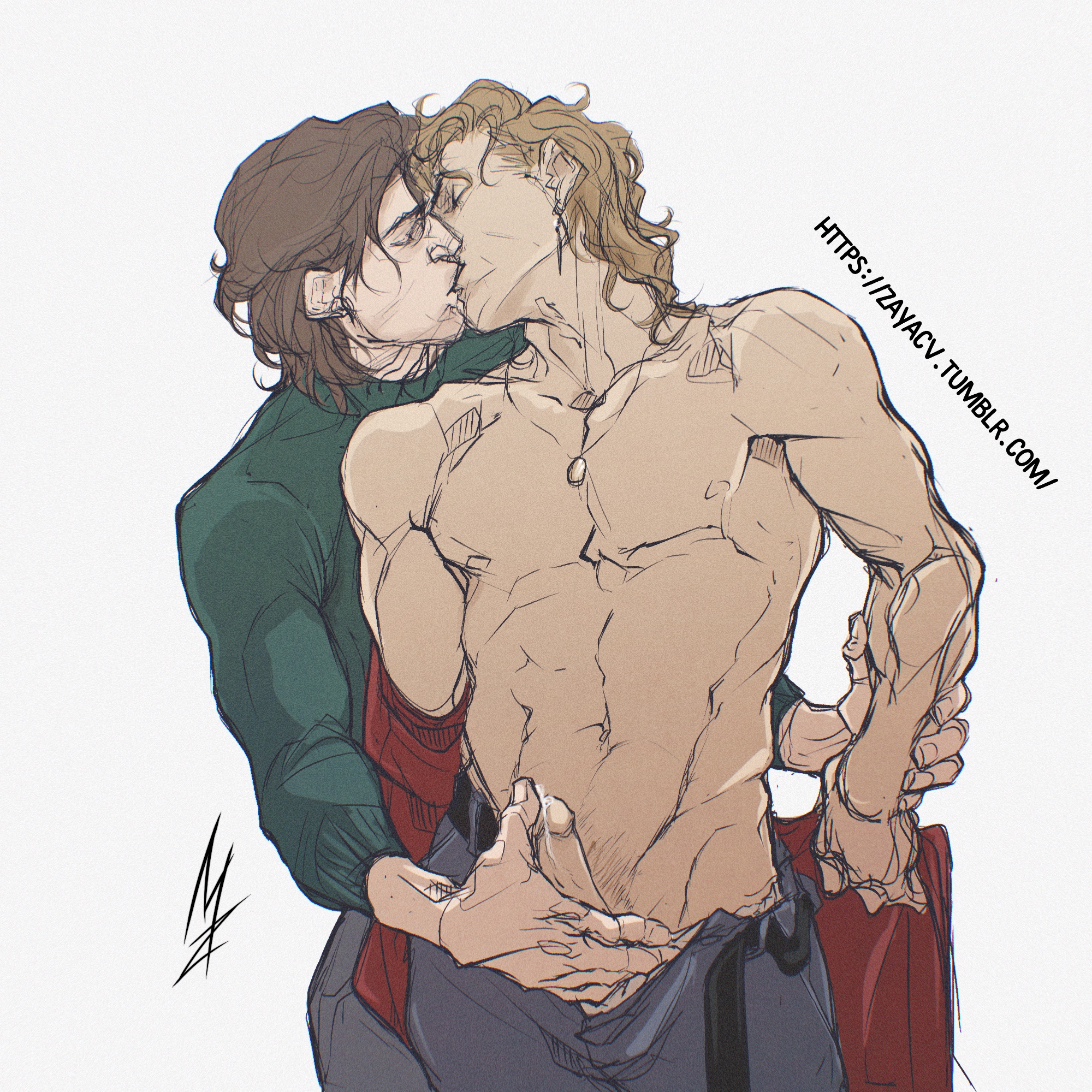 2boys, billy hargrove, closed eyes, gay, handjob, jerkingoff another, kissing, male only, necklace, precum, steve harrington, stranger things, undressing