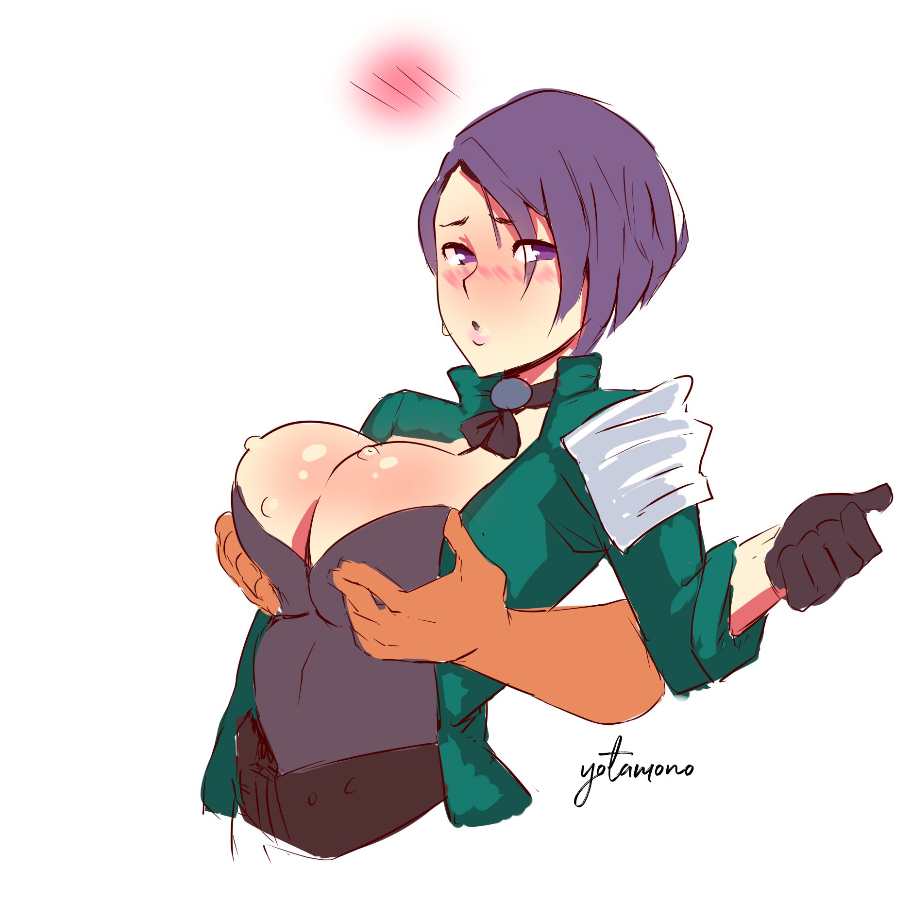 1boy, 1girls, alternate breast size, artist name, big breasts, blue hair, blush, breast grab, breasts, cleavage, female, fire emblem, fire emblem: three houses, gloves, large breasts, male, nintendo, nipples, purple eyes, shamir nevrand, short hair, straight, yotahen, yotamono
