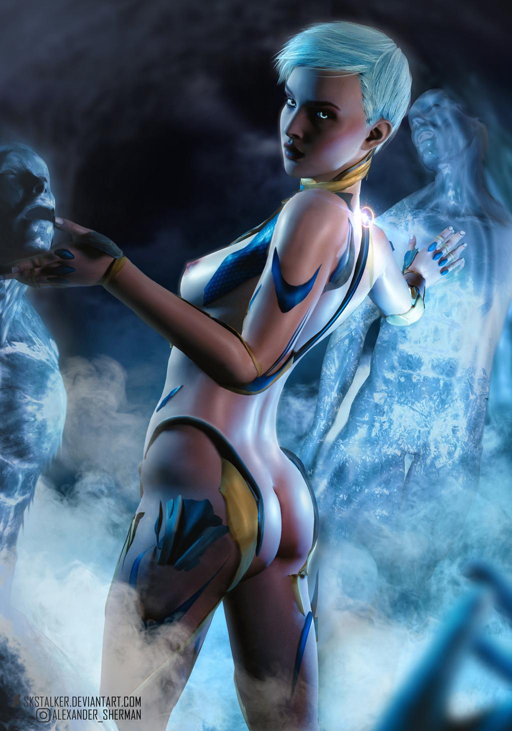 1girls 3d 3d_(artwork) ass female female_focus frost_(mortal_kombat) functionally_nude gray_hair grey_hair looking_at_viewer mortal_kombat mortal_kombat_11 nude nude_female short_hair skstalker small_breasts standing white_hair