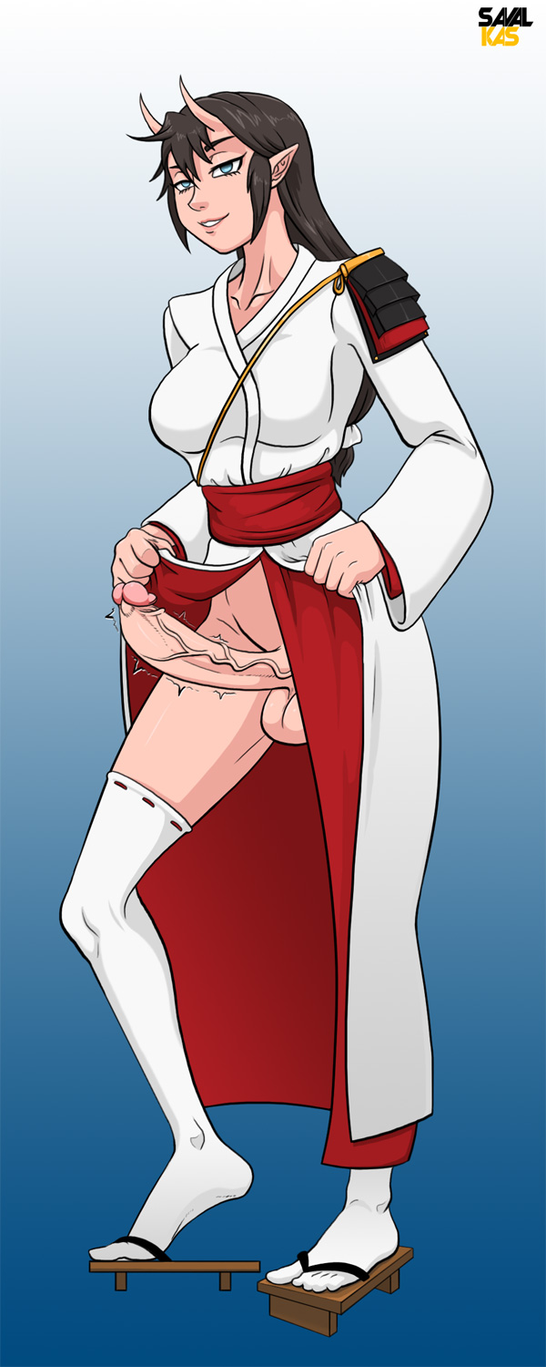 1futa, balls, big penis, dickgirl, feet, futa only, futanari, geta, intersex, looking at viewer, penis, sandals, savalkas, solo, solo futa, testicles, wafuku