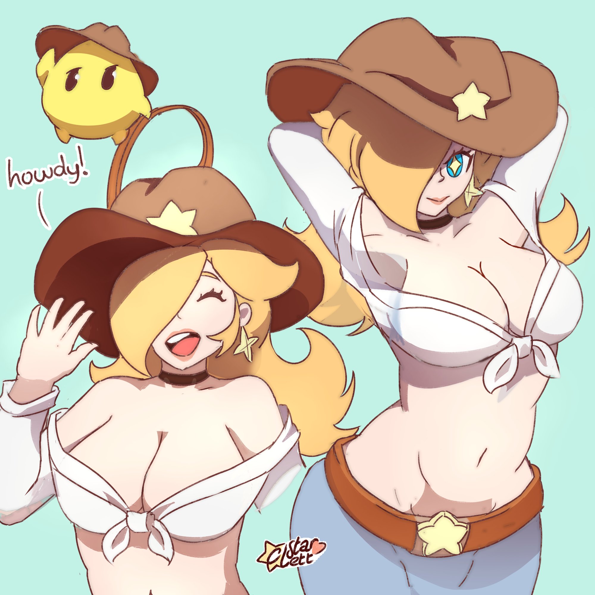 1girls, 1other, ambiguous gender, arms behind head, arms up, big breasts, blonde hair, blue background, blue eyes, breasts, c starlett, cleavage, clothing, cowgirl, cowgirl (western), cowgirl outfit, female, female focus, front-tie top, hair over one eye, long hair, looking at viewer, luma, mario (series), midriff, multiple views, navel, nintendo, pants, princess rosalina, simple background, smile, standing, starlett animations, tagme, tied shirt
