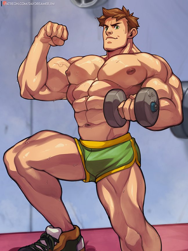 1boy abs alex_mullner bara bicep_curl boxers brown_hair bulge daydreamerjim erect_nipples flexing green_eyes half_dressed human male male_only muscles muscular pecs penis_under_clothes sneakers solo solo_male stardew_valley sweatdrop weightlifting