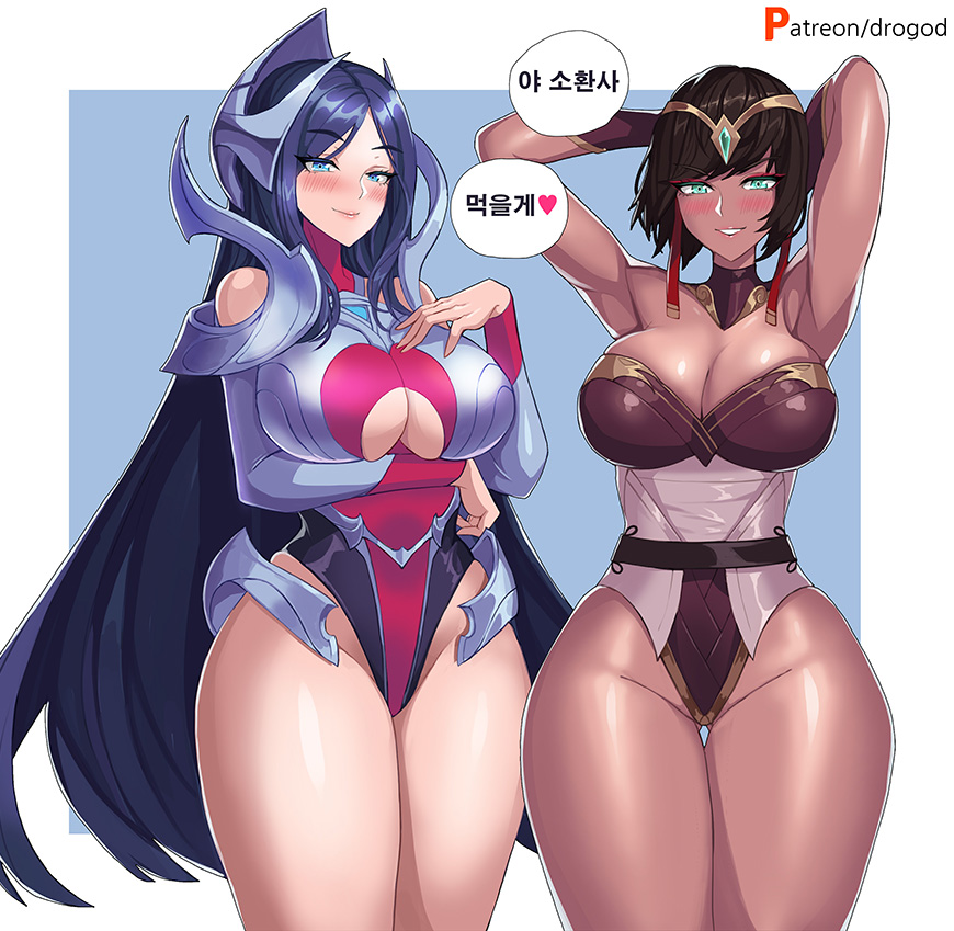 2020 2girls armor blush breasts drogod_(artist) female female_only huge_breasts irelia_xan karma_(league_of_legends) league_of_legends long_hair multiple_girls short_hair smile thick_thighs voluptuous