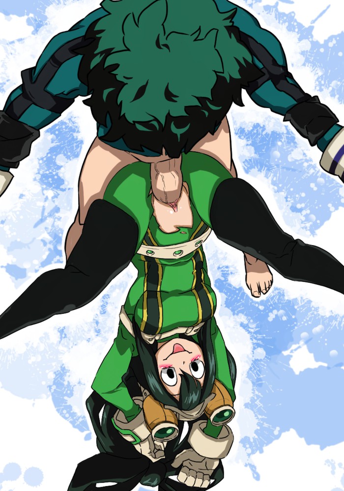 1boy, 1girls, big breasts, big penis, blush, bodysuit, boku no hero academia, boots, breasts, cheese cat (artist), clitoris, clothed sex, female, female focus, female penetrated, green eyes, green hair, green-haired female, green-haired male, hero outfit (mha), izuku midoriya, light skin, light-skinned male, long hair, long penis, looking at partner, looking up, male, male penetrating, male penetrating female, medium breasts, my hero academia, no panties, no underwear, penile penetration, penis, penis in pussy, penis in vagina, piledriver position, pussy, ripped clothing, smile, straight, tied hair, tongue, tongue out, tsuyu asui, vaginal insertion, vaginal penetration, vaginal sex, veiny penis