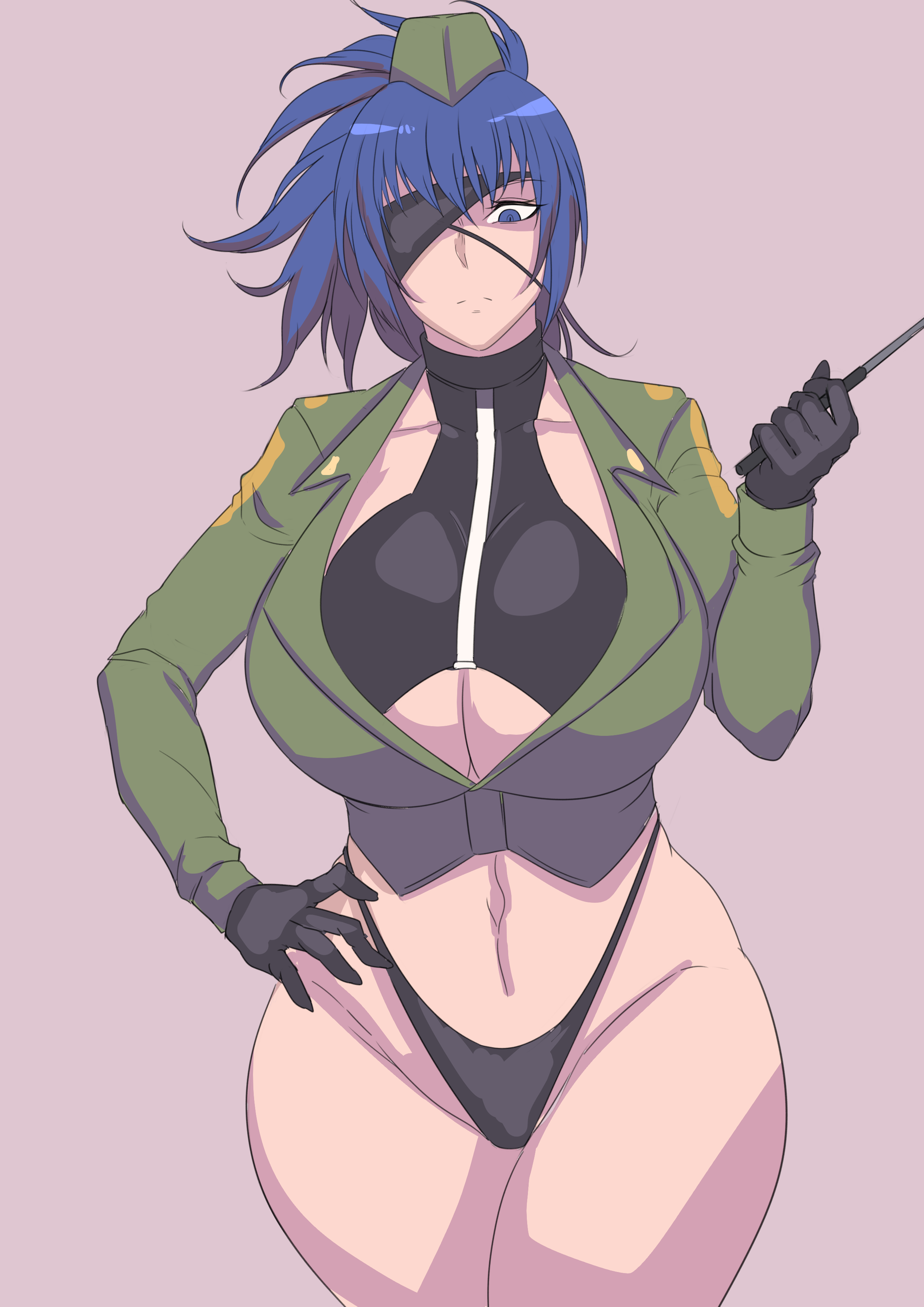 1girls, abs, angry, baton, black bra, black gloves, black panties, black thong, black underwear, blue eyes, blue hair, bra, breasts, cleavage, clothed, curvaceous, eye contact, eyepatch, eyeshadow, female, female only, female soldier, gloves, green jacket, grey background, hand on hip, hourglass figure, huge breasts, jacket, king of fighters, leona heidern, light skin, light-skinned female, looking at viewer, makeup, medium hair, metal owl, midriff, military, military hat, military jacket, military uniform, naughty face, no pants, one arm up, pantsu, patreon reward, ponytail, seductive, simple background, sketch, snk, snk heroines: tag team frenzy, soldier, solo, solo female, source request, standing, stick, thick thighs, thighs, thong, tied hair, underboob, underwear, uniform, wide hips
