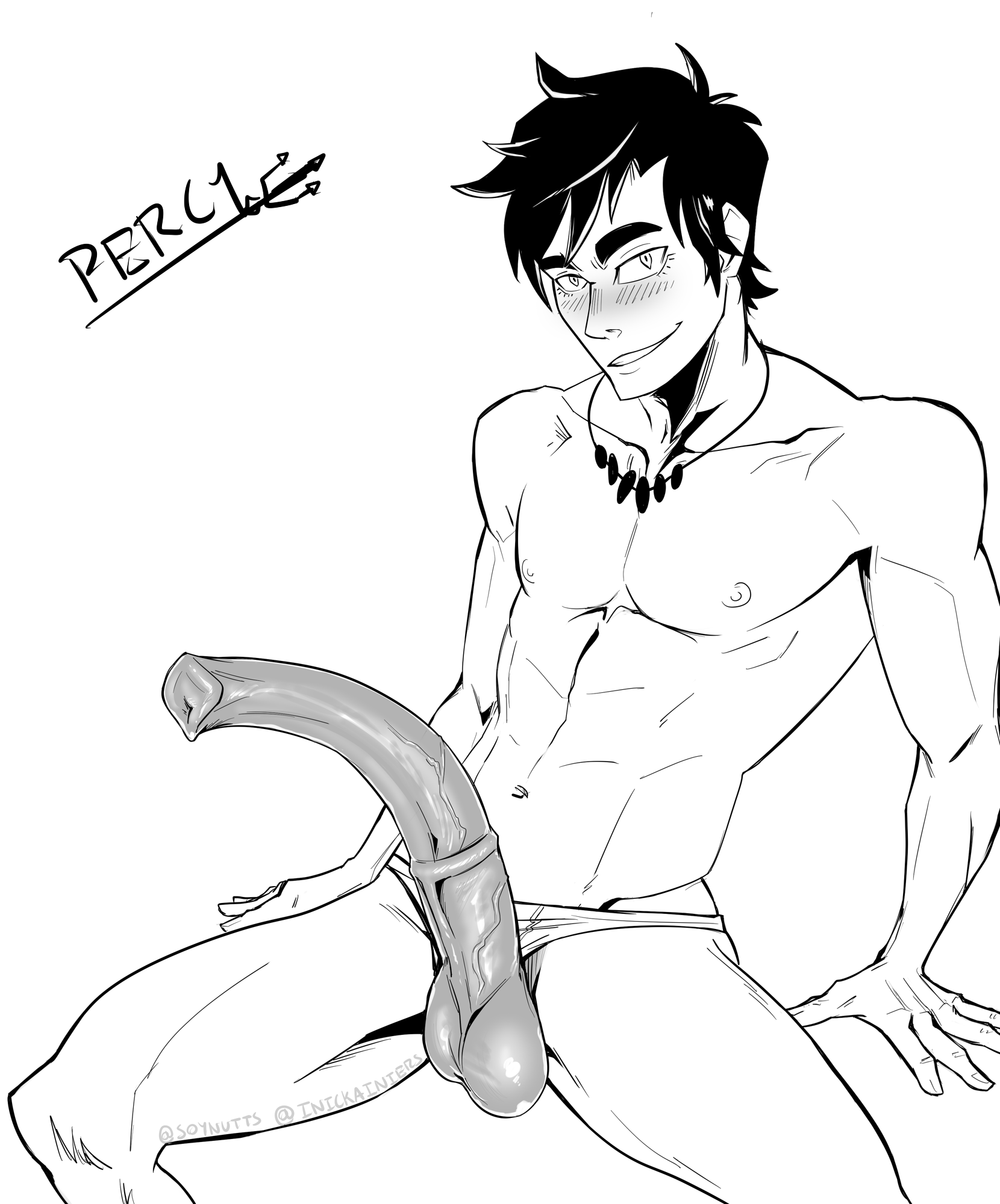 1boy, abs, animal genitalia, animal penis, balls, big penis, black and white, black hair, boner, equine penis, erection, gay, gay male, greek mythology, half-erect, horsecock, human, human only, human with animal genitalia, human with horsecock, inicka-iniers, legs, male, male only, medial ring, monochrome, muscles, muscular, naked, nipples, pectorals, penis, percy jackson, percy jackson and the olympians, sitting, solo, soynutts, underwear, uneven balls, yaoi