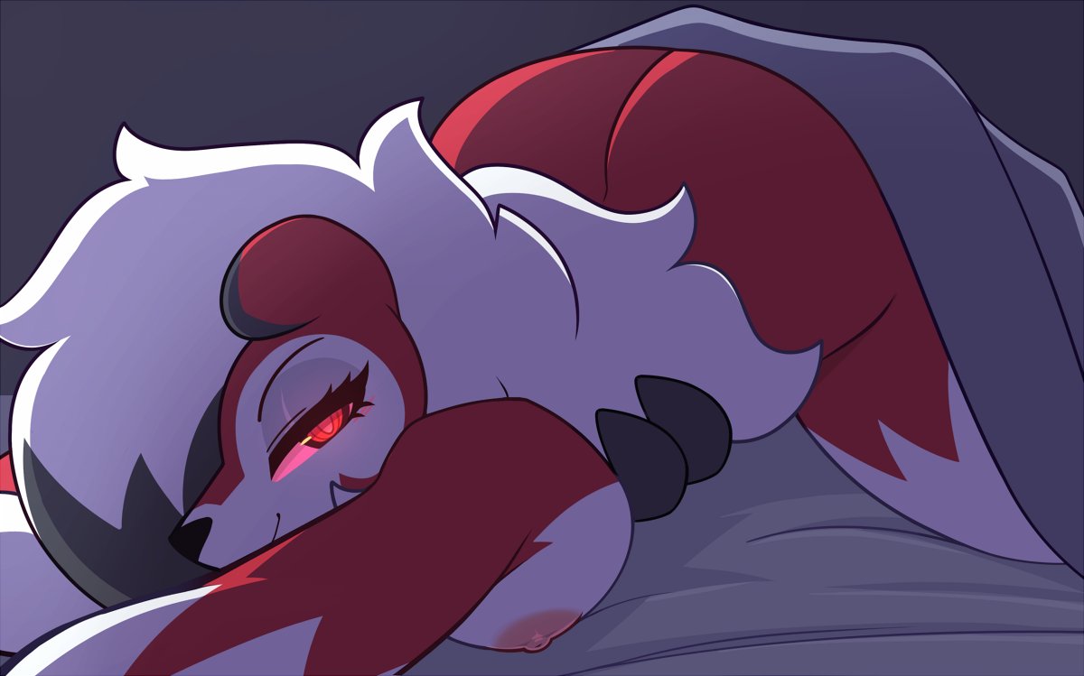 1girls, anthro, anthrofied, areola, ass, ass crack, ass up, bed, black fur, breasts, butt crack, canine, eye contact, eyelashes, female, furry, hair over one eye, half-closed eyes, looking at viewer, lycanroc, midnight lycanroc, nintendo, nipples, nude, pink sclera, pinkcappachino, pokemon, pokemon sm, red eyes, red fur, sideboob, smile, thick thighs, white fur