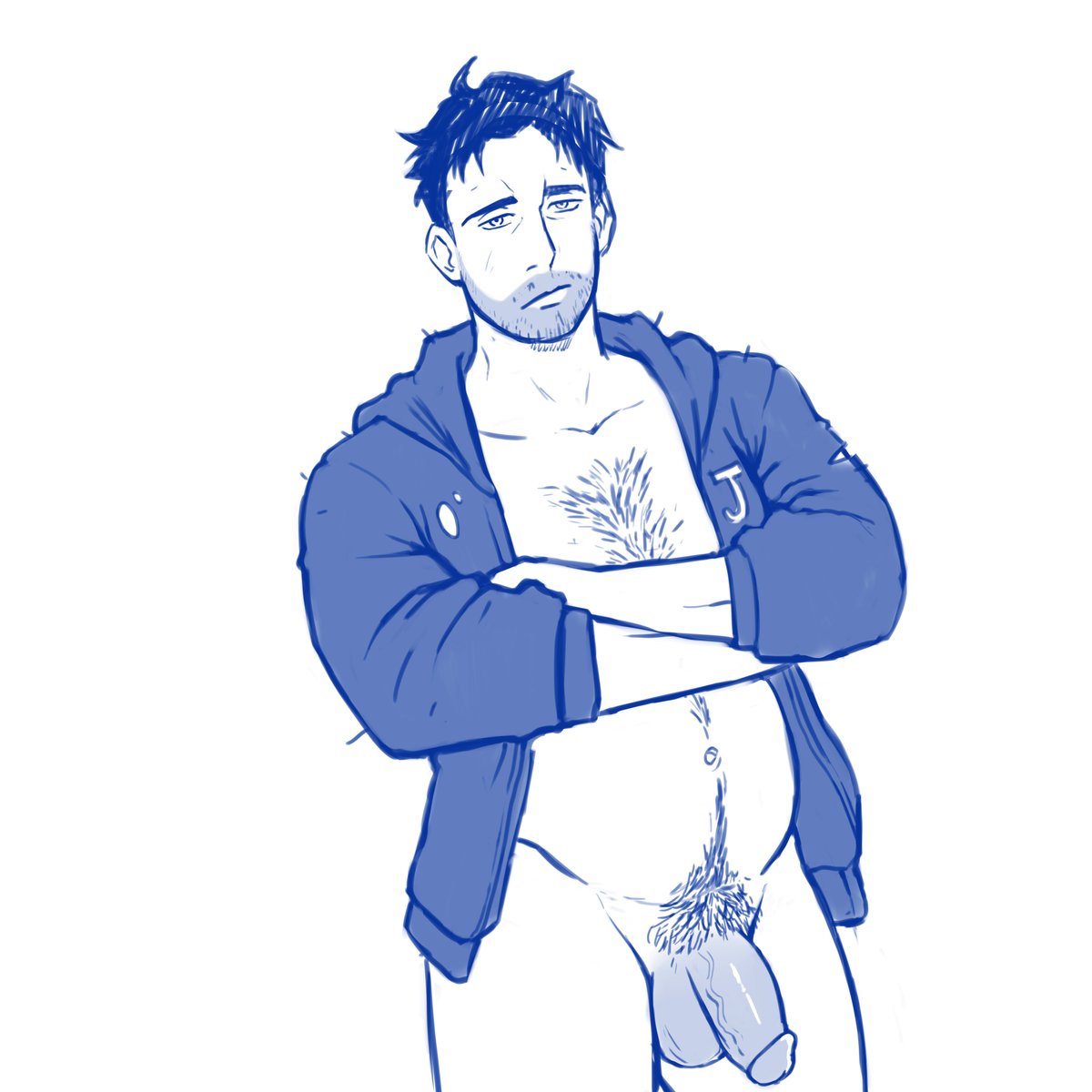 1boy balls bottomless chest_hair circumcised cowboy_shot crossed_arms facial_hair feet_out_of_frame flaccid happy_trail jacket looking_at_viewer lupin_barnabi male male_only monochrome open_jacket penis pubic_hair shane_(stardew_valley) slightly_chubby solo stardew_valley tallywhacker thick_penis tired torn_clothes veiny_penis white_background