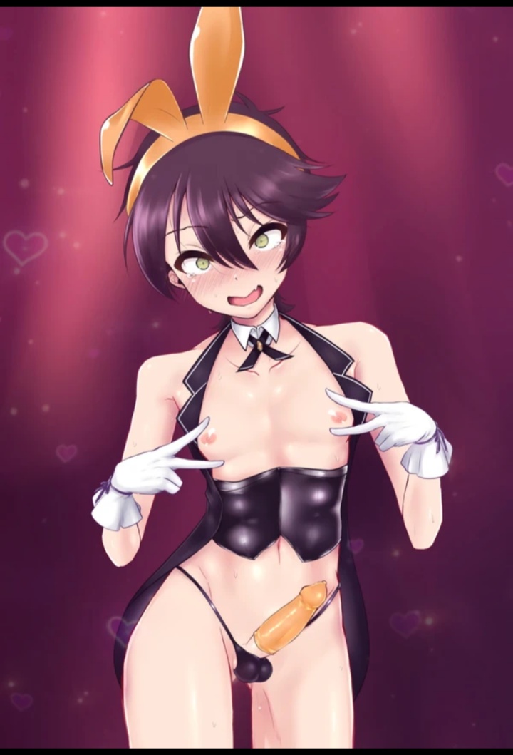 1boy, bunny ears, bunnysuit, condom, femboy, jojo's bizarre adventure, male, male only, narancia ghirga, nipples, penis, seta makoto, solo, trap, vento aureo, yaoi