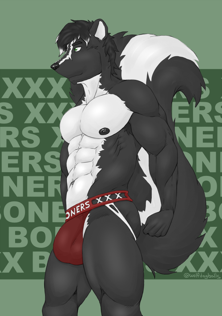 1boy abs anthro black_body black_fur black_hair black_nose bulge clothing ez fur genital_outline hair male male_only mammal mephitid nipples penis_outline red_underwear skunk solo striped_tail stripes underwear white_body white_fur