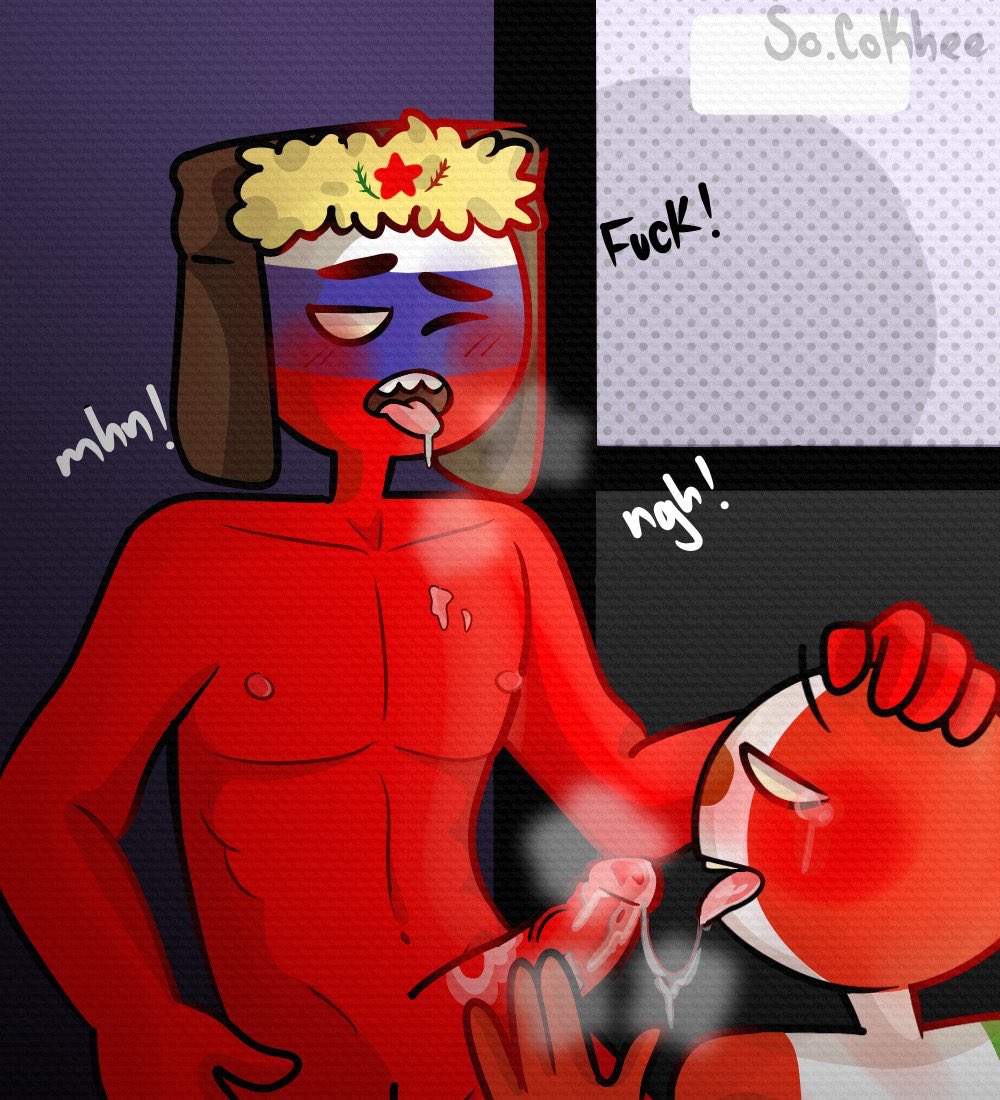 blue_skin blush countryhumans cum_in_mouth cum_string cumstring drool drooling erect_nipple erect_nipples erect_penis gay hand_on_head mexico mexico_(countryhumans) no_irises oral oral_sex red_body red_penis red_skin russia russia_(countryhumans) saliva_string sharp_teeth tears tongue_out white_skin