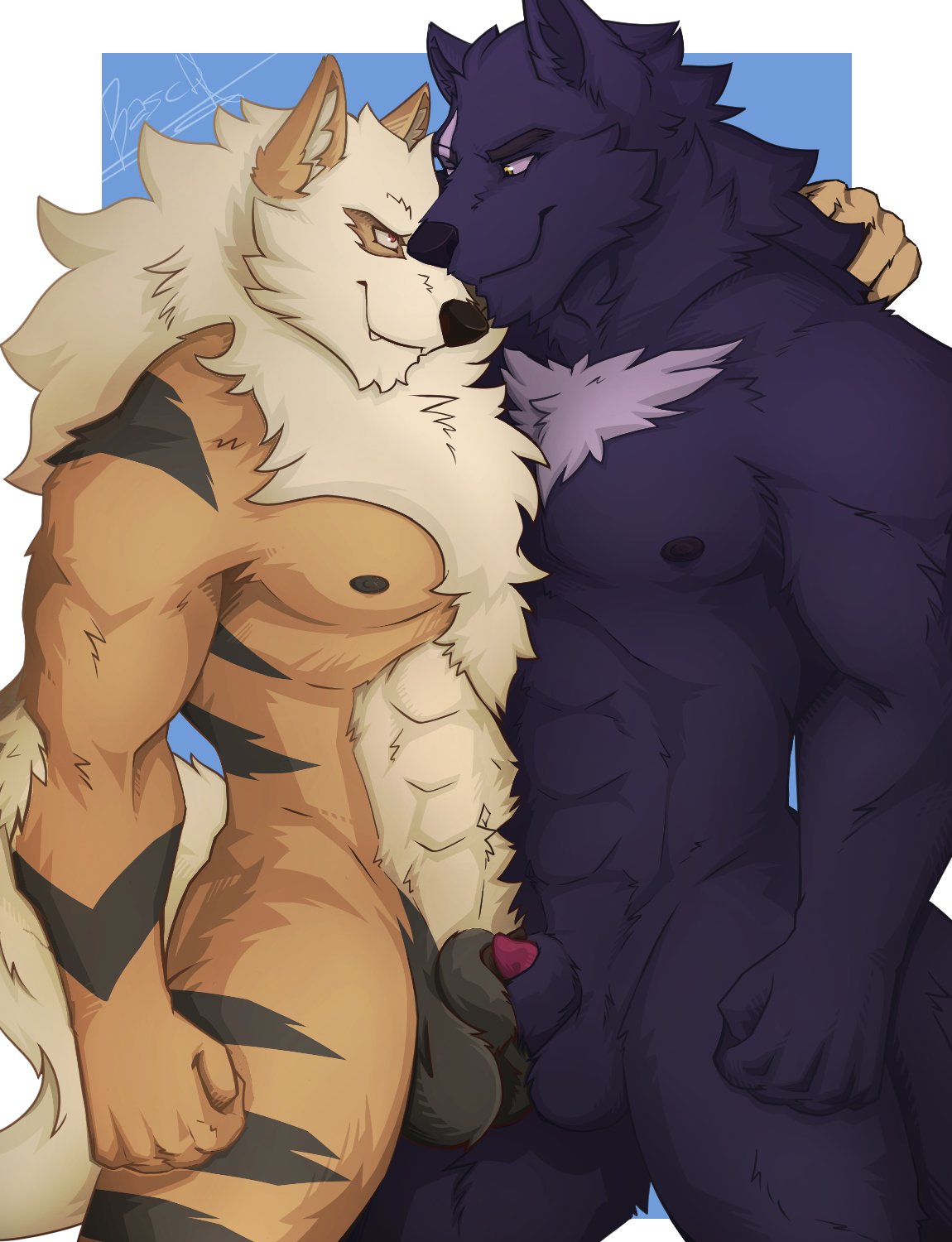 2boys abs animal_genitalia animal_penis anthro anthrofied arcanine armpits balls_touching basch black_fur black_hair black_hair_bottom blonde_hair blue_background body_hair canine canine_penis chest_hair chest_tuft domination eye_contact fangs frottage furry gay hair half-closed_eyes hi_res interspecies larger_male light_hair_on_dark_hair looking_at_another looking_at_partner male male_only mammal muscular muscular_male nintendo nude orange_fur original_character penis penis_tip pinup pokemon pokemon_(species) pokemon_rgby poking_out pose red_eyes sheath silver_fang size_difference smaller_male smile standing stripes tail testicles text tuft video_games watermark white_border white_hair white_hair_on_black_hair white_hair_top wolf yaoi yellow_eyes