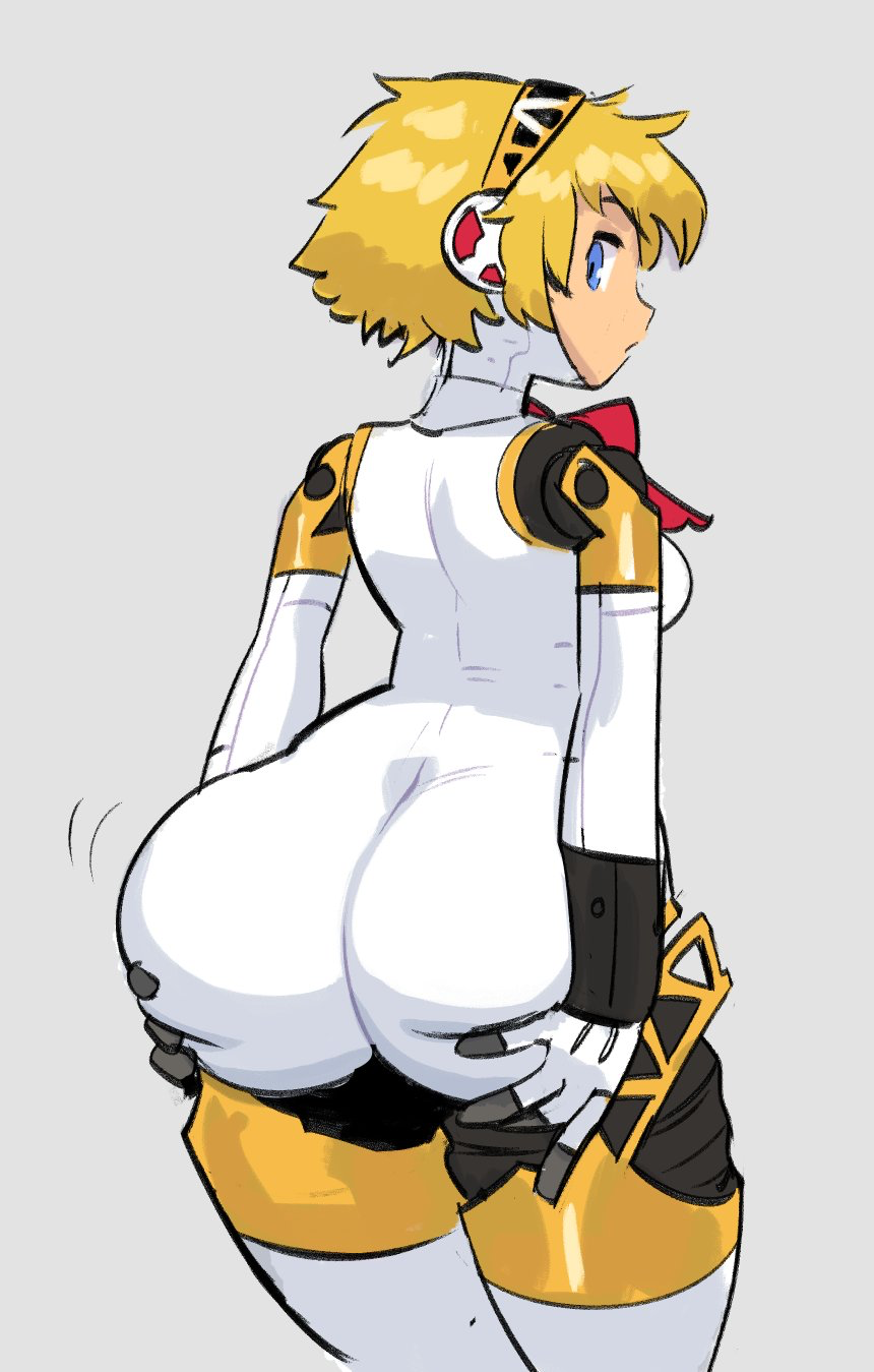 aegis_(persona) aigis_(persona) ass ass_focus ass_grab ass_shake atlus blonde_hair blue_eyes bubble_butt casual cute exposed_torso female female_focus female_only grabbing_own_ass gynoid humanoid looking_back looking_back_at_viewer noill pale_skin persona persona_3 persona_3_portable robot robot_girl sega short_hair solo solo_female thick_thighs thighs